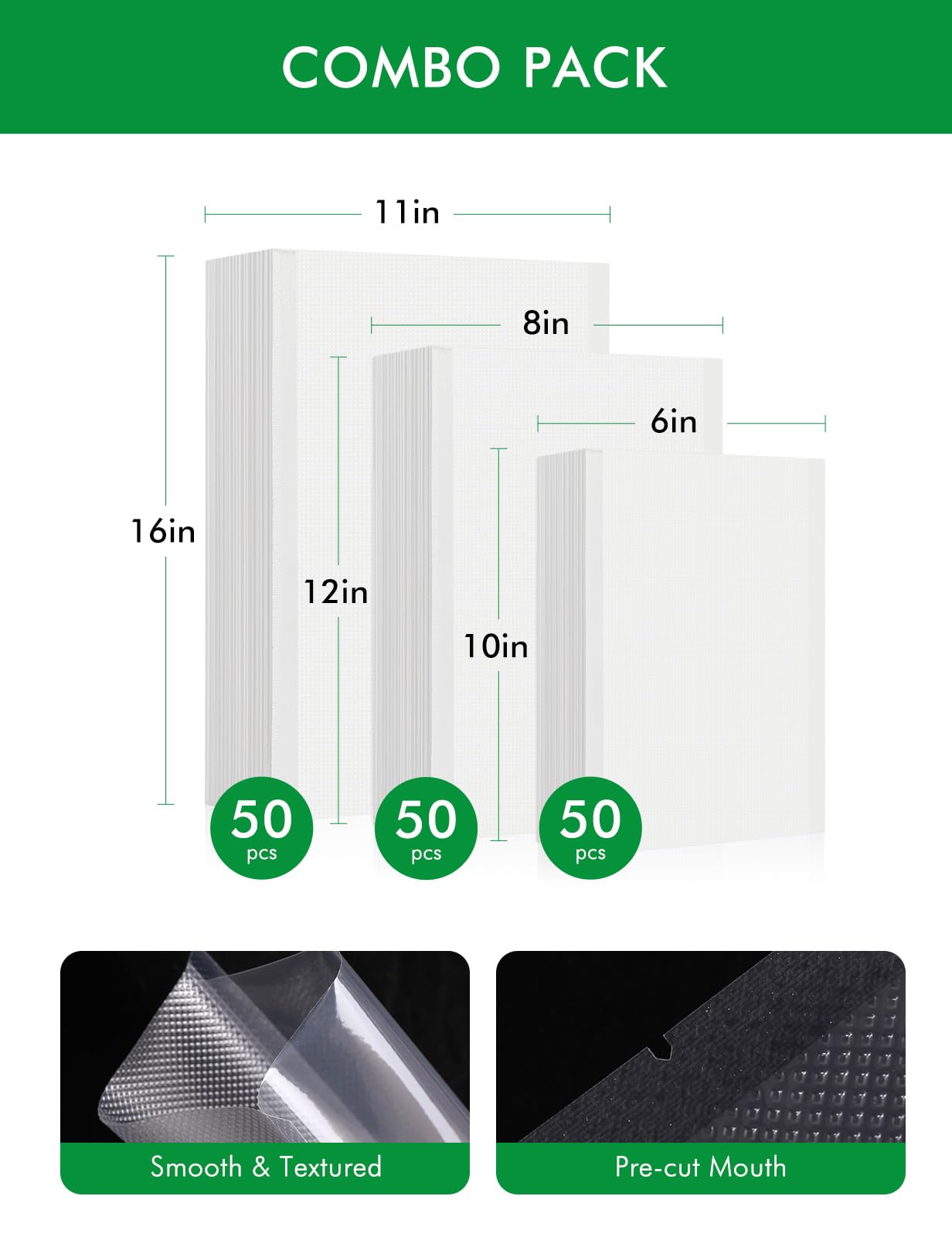 Vacuum Sealer Bags For Food-150 Quart 11"x16"and Quart 8"x12"and Pint 6"x10"-Commercial Grade BPA Free Bag-Durable Customized Size Food Vac Bags for Storage and Sous Vide Cooking-Puncture Prevention