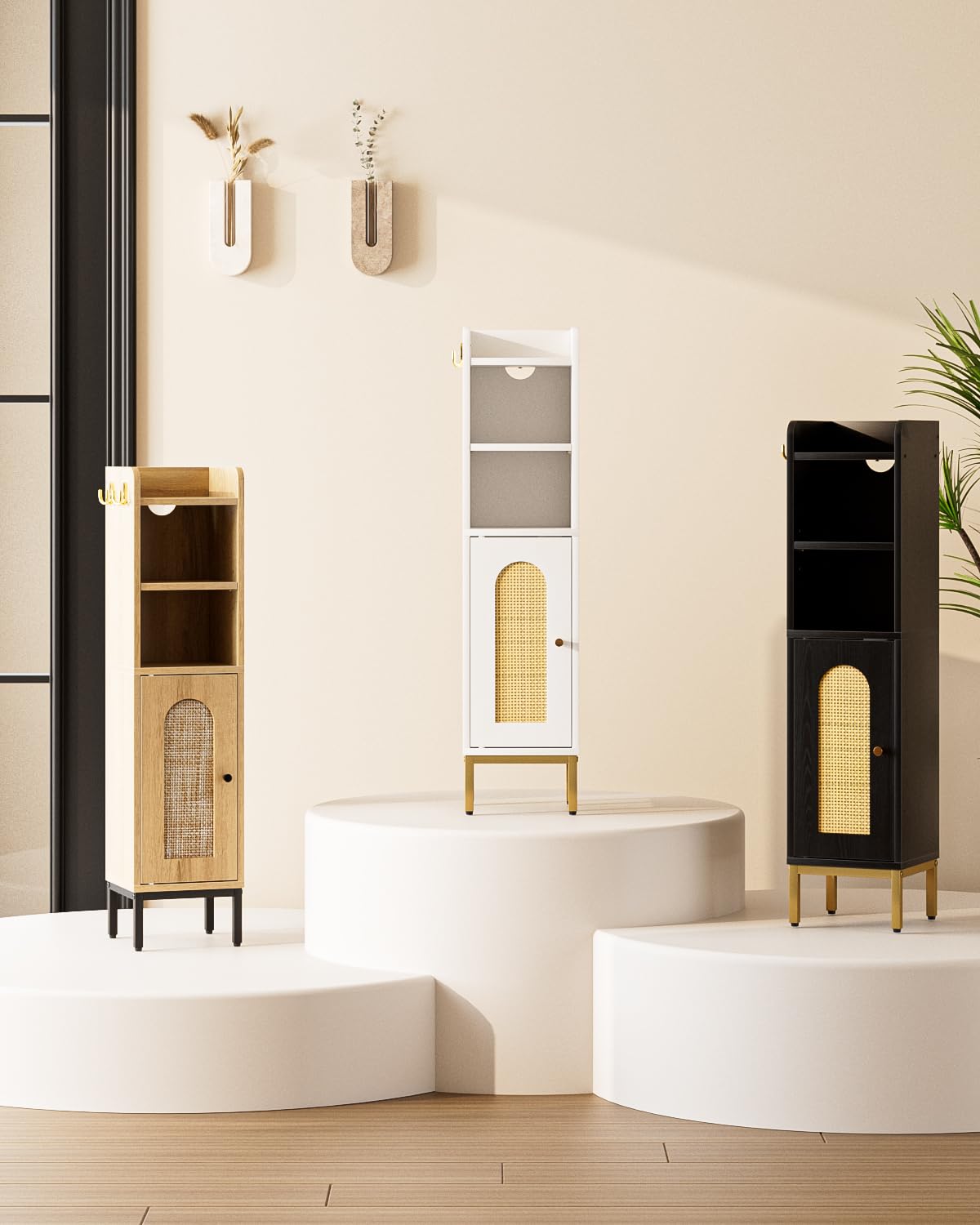 AEPOALUA Bathroom Storage Cabinet, Small Corner Floor Hutch with 2Hooks,Narrow Toilet Paper Cabinet with Rattan Door,Bathroom Organizer with Adjustable Shelf, for Small Spaces,Oak