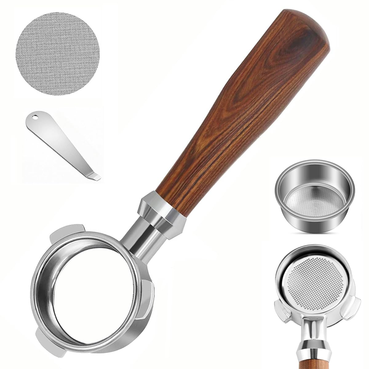 54mm Bottomless Portafilter Compatible with Breville BES870/878/880/876 Series Barista Espresso Pro, 3 Ears Naked Portafilter, Rosewood Handle, Includes 18–20g Filter Basket and Removal Tool