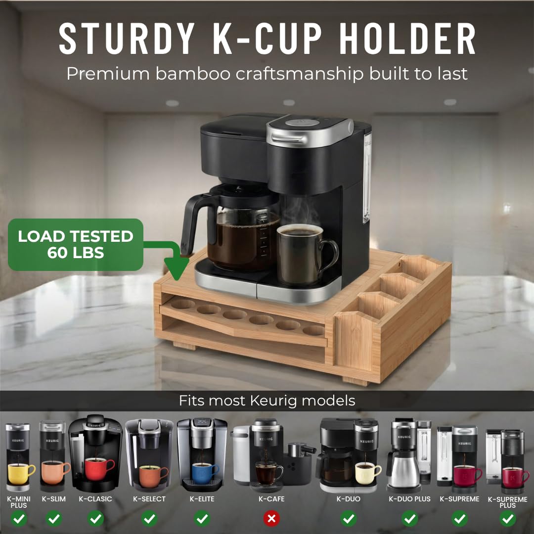 HAUSFY Bamboo Keurig Pod Organizer, Large 36 K-Cup Capacity Aesthetic Under Machine K-Cup Storage Drawer, Space-Saving Keurig Stand With Storage, 3 Slots For Tea & Spoons, Fits Keurig Brewers