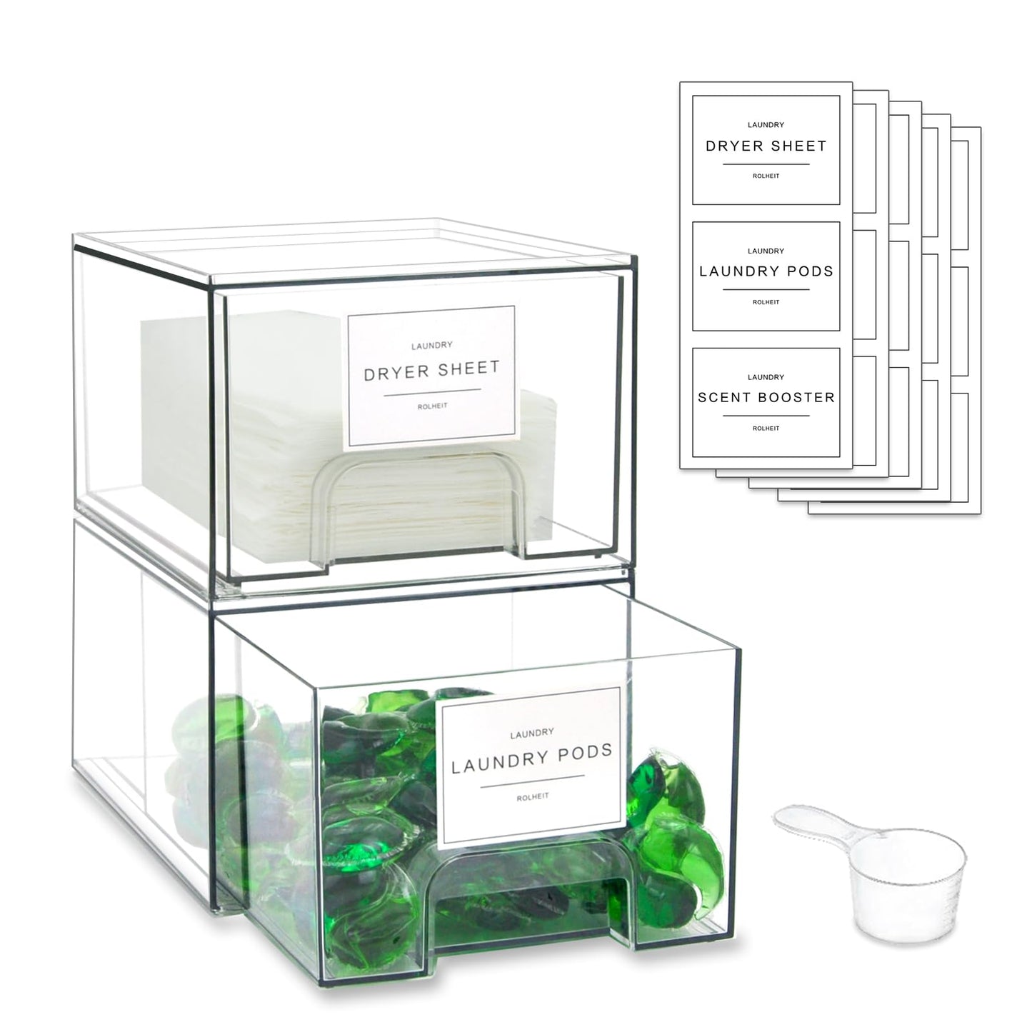 2 Pack Laundry Room Organization Storage Drawers with Labels, Clear Stackable Dryer Sheet Holder and Pod Containers, Detergent Dispenser for Laundry Room Organizing and Decor
