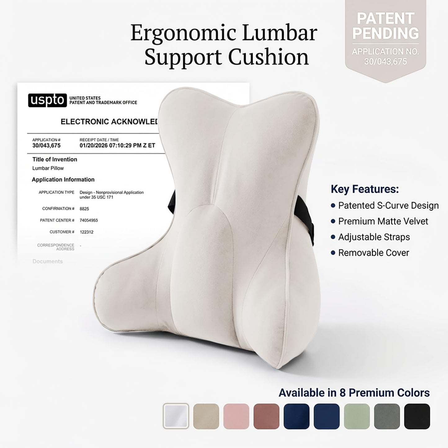Ailuteie Lumbar Support Pillow(Pat. Pend) – Multi-Functional Ergonomic Back Cushion for Sofa Chair, Car Seat & Sofa, Reading Pillow with Firm Multi-Zone Support to Relieve Lower Back Pain, Misty White