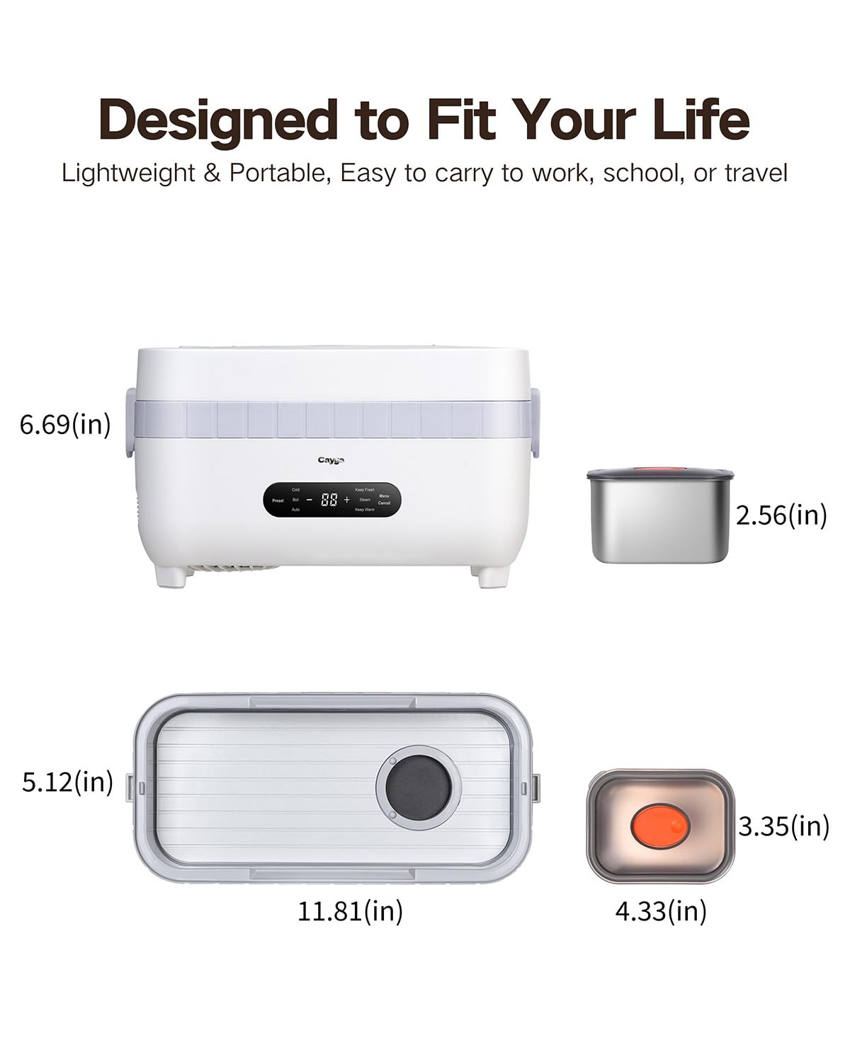 110V Plug-in Multi-Function Electric Cooling Lunch Box with 5.5-Cup Automatic Heating Portable Food Warmer with Removable Tray Divider for Office Work Travel (White)