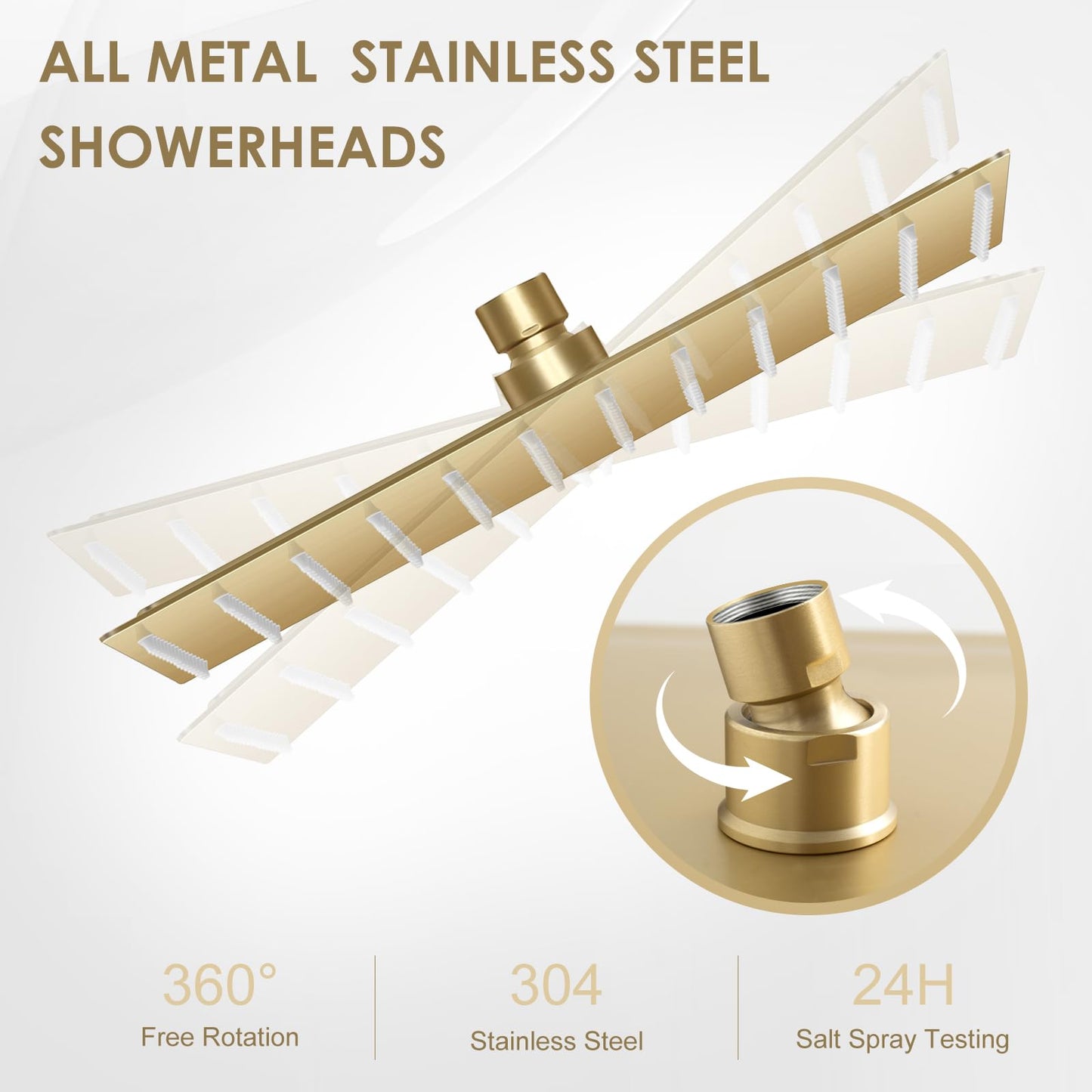 KINLIV 12 inch Brushed Gold Rain Shower Head - All Metal 304 Stainless Steel, Full Body Waterfall Shower with 144 Silicone Nozzles - Square Showerheads Ceiling or Wall Mount Modern Bathroom