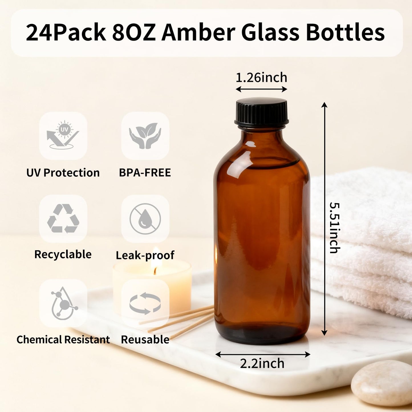 turvono 24 Pack 8 oz Amber Glass Boston Round Bottles with Phenolic Polycone Caps – Airtight, Leak-Proof Bottles for Vanilla Extract, Kombucha Brewing, Essential Oils, and Homemade Solutions