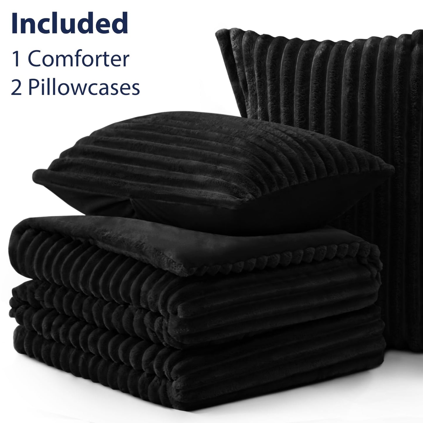 EXQ Home Fluffy Comforter Set Full Size - Super Soft Faux Fur Stripe Jacquard Comforter 3 Pieces, Black Fleece Bedding Set,Winter Warm Bed Set,1 Comforter with 2 Pillowcases