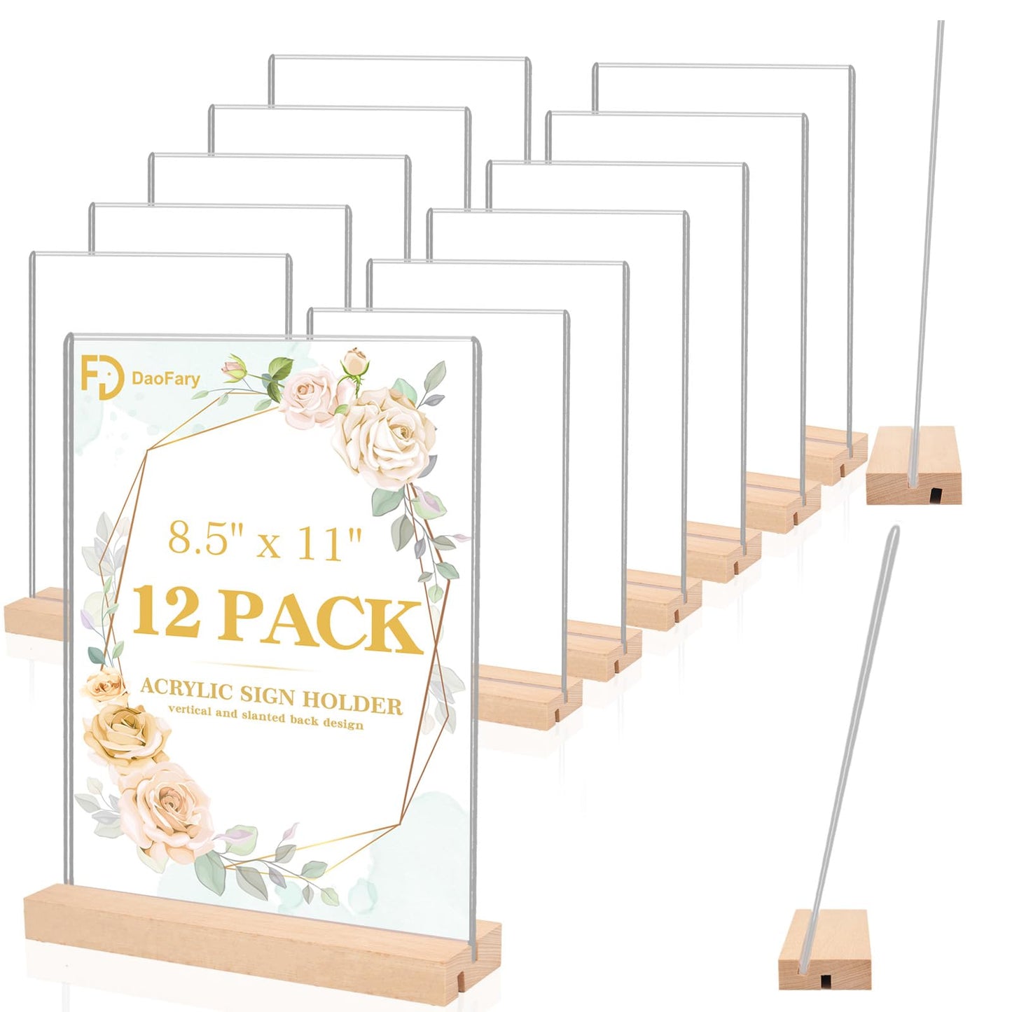 12 Pack Acrylic Sign Holder 8.5 x 11, L/T Shape Double Sided wood Picture Frame Stand up Table Top Sign Holders, Clear Display Stand Menu Flyer Holder for Wedding Party (Provide Non slip Mats)