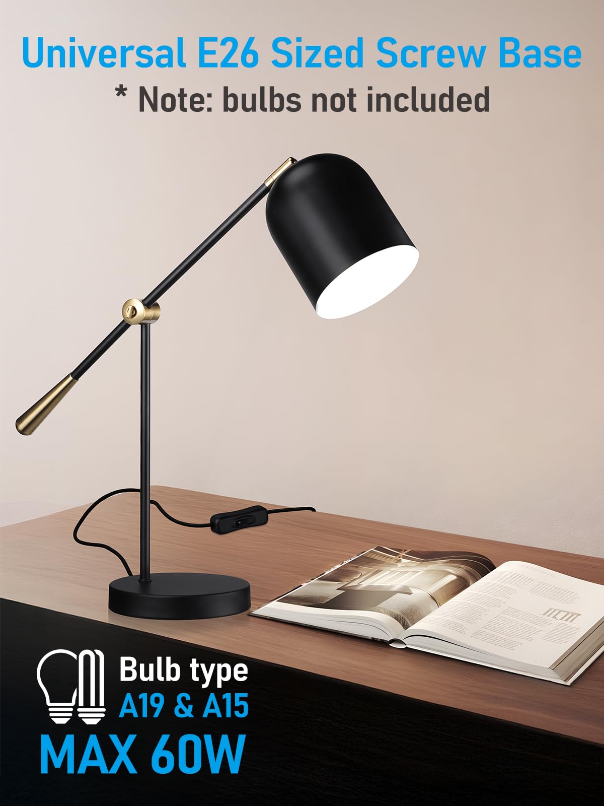 TORCHSTAR Adjustable Desk Lamp Aesthetic, AC 110-120V, Swing Arm Task Desk Lamp, Max 60W, E26 Base, Bulb Not Included, Metal Decor Desktop Lamp with On/Off Switch, for Work, Study, Home Office, Black