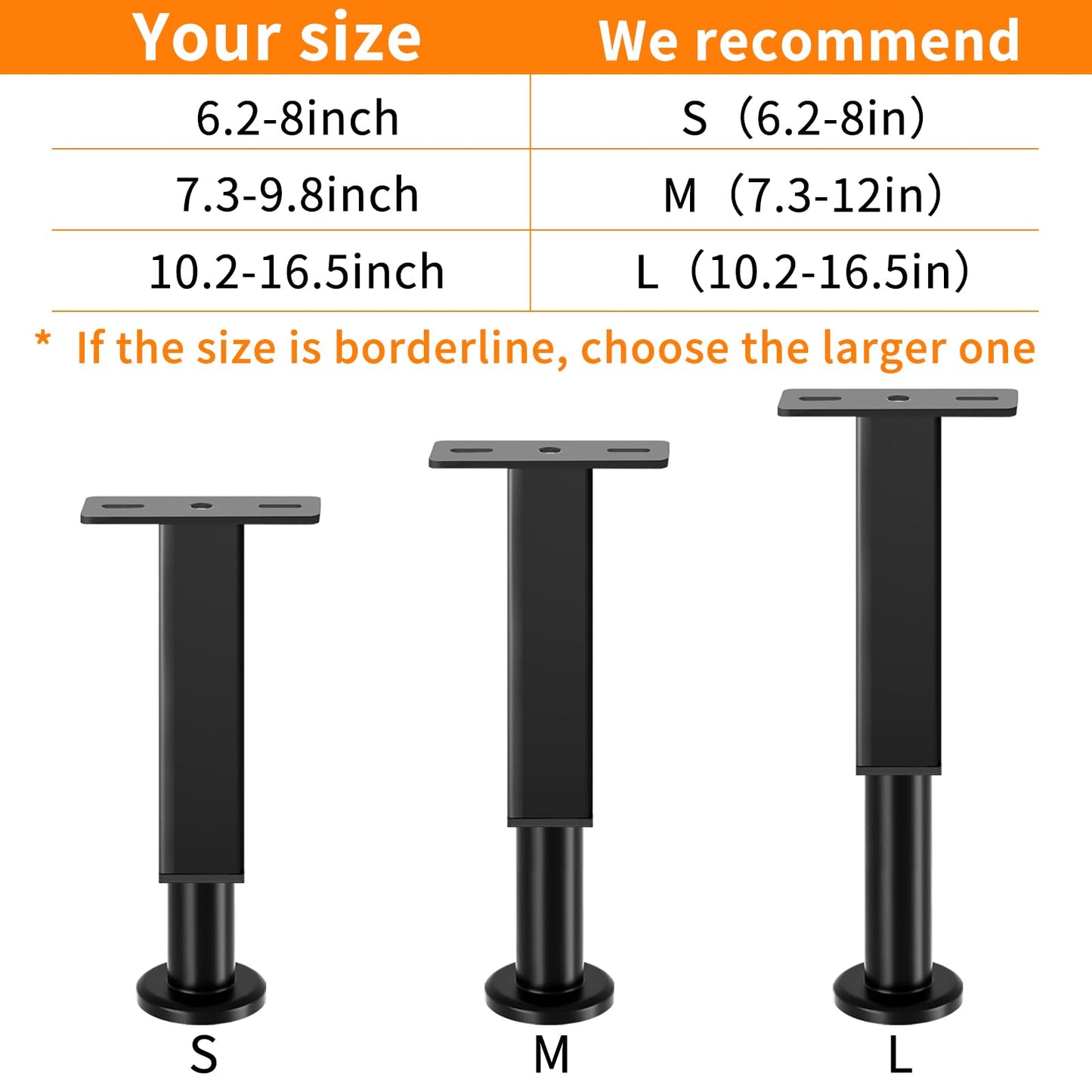 4PCS Adjustable Height Bed Support Legs, 10.2-16.5 In, Metal Heavy Bed Risers with Non-Slip Rubber Base, Replacement Furniture Feet for King Queen Frame Slats, Sofa, Couch, Cabinet, Dresser, Table