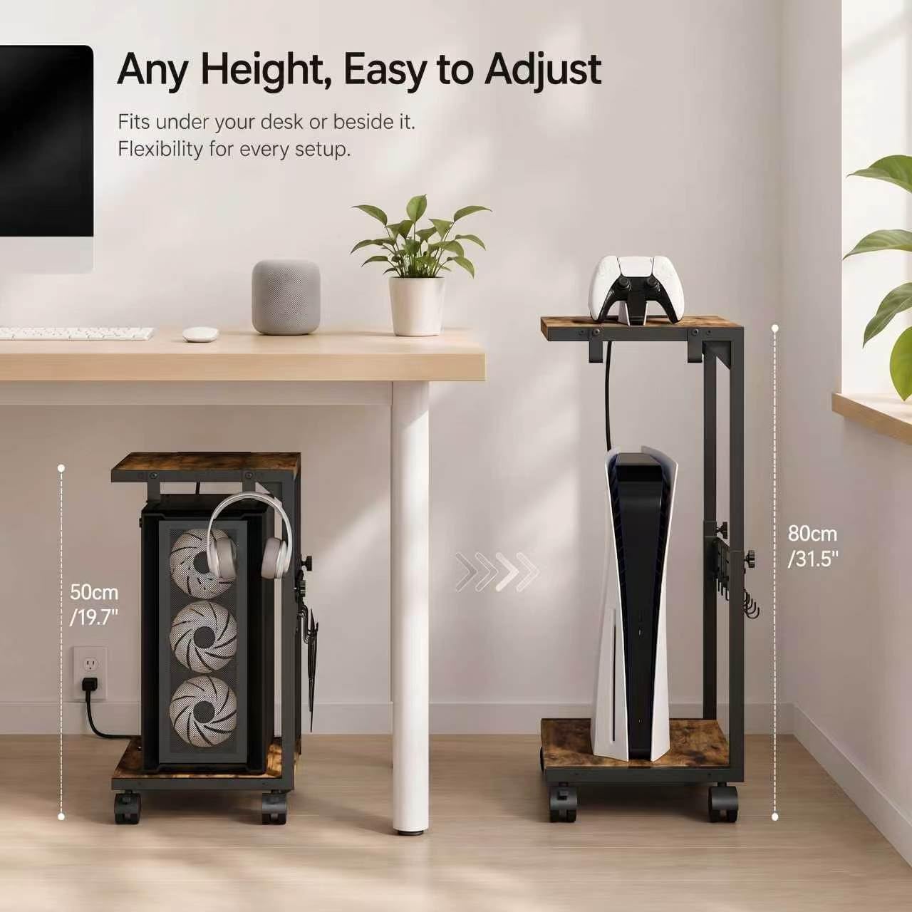ZIIWIND PC Stand with Charging Station, Height Adjustable Computer Tower Stand, 19.7"-31.5" H, Computer Cart with Wheels and Hooks, CPU Holder for Floor, Carpet and Under Desk, Rustic Brown