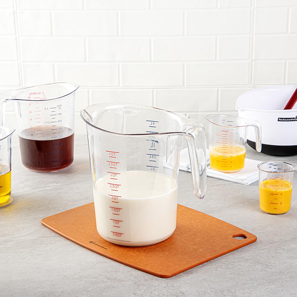 Restaurantware RW Base 4 Quart Measuring Jar 1 Durable Measuring Beaker - Metric And Imperial Units V-Shaped Spout Clear Plastic Measuring Cup Handle With Thumb-Grip Tolerates Up To 248F