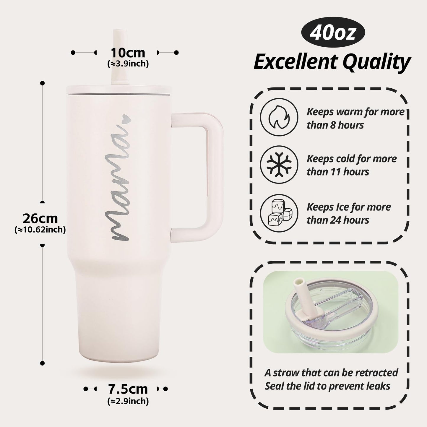 JETIKON Mama Tumbler 40 oz Cup with Lids Straws First Mothers Day Gifts for New Mom Gifts for Pregnant Mother, Mama, Mom To Be
