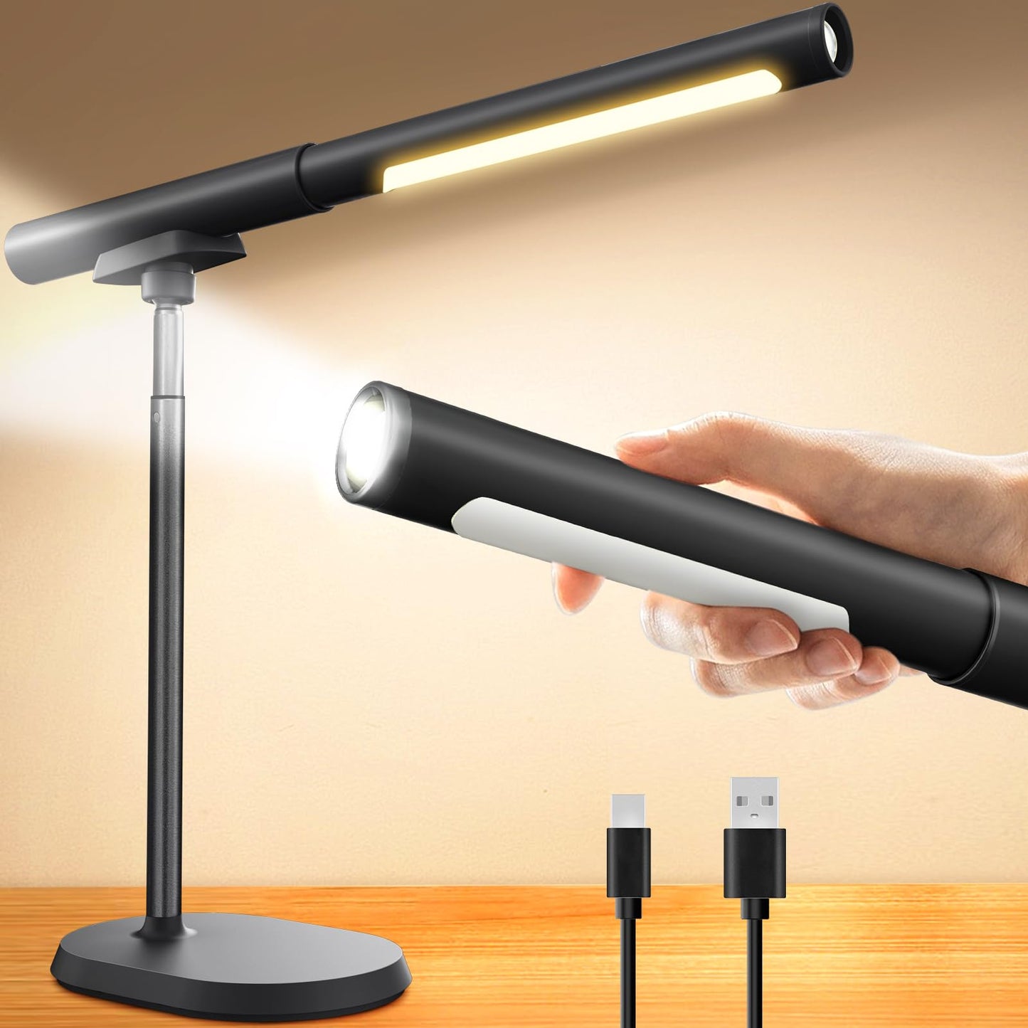 YULINKCO Rechargeable Desk Lamp, Adjustable Magnetic Table Lamp with Removable Cylindrical Light Tube for Study & Bedroom, Dimmable Touch Control & Space-Saving.