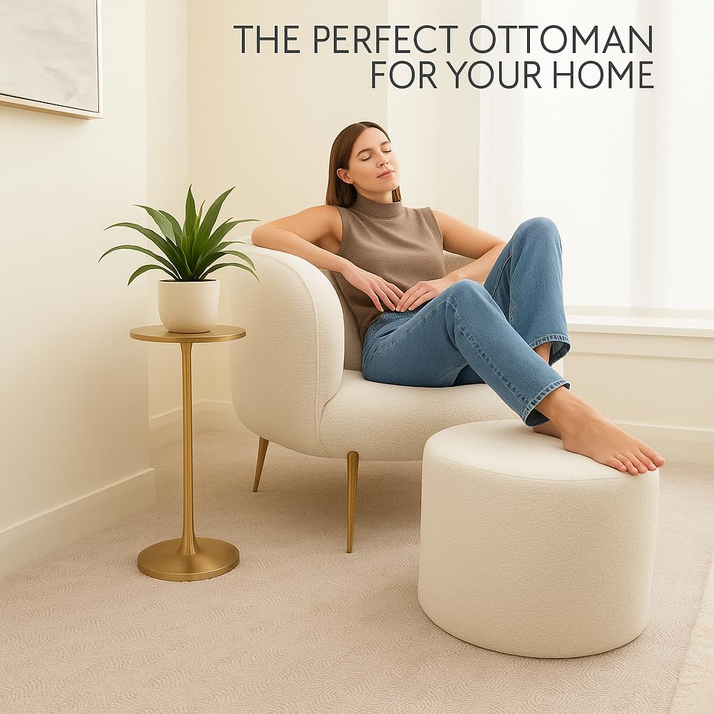 KKdema White Round Ottoman Foot Rest Stool – Clean Boucle Fabric Footstool with Soft Foam Filling, Lightweight Modern Pouf for Minimalist Living Room, Bedroom, Office – Pure White