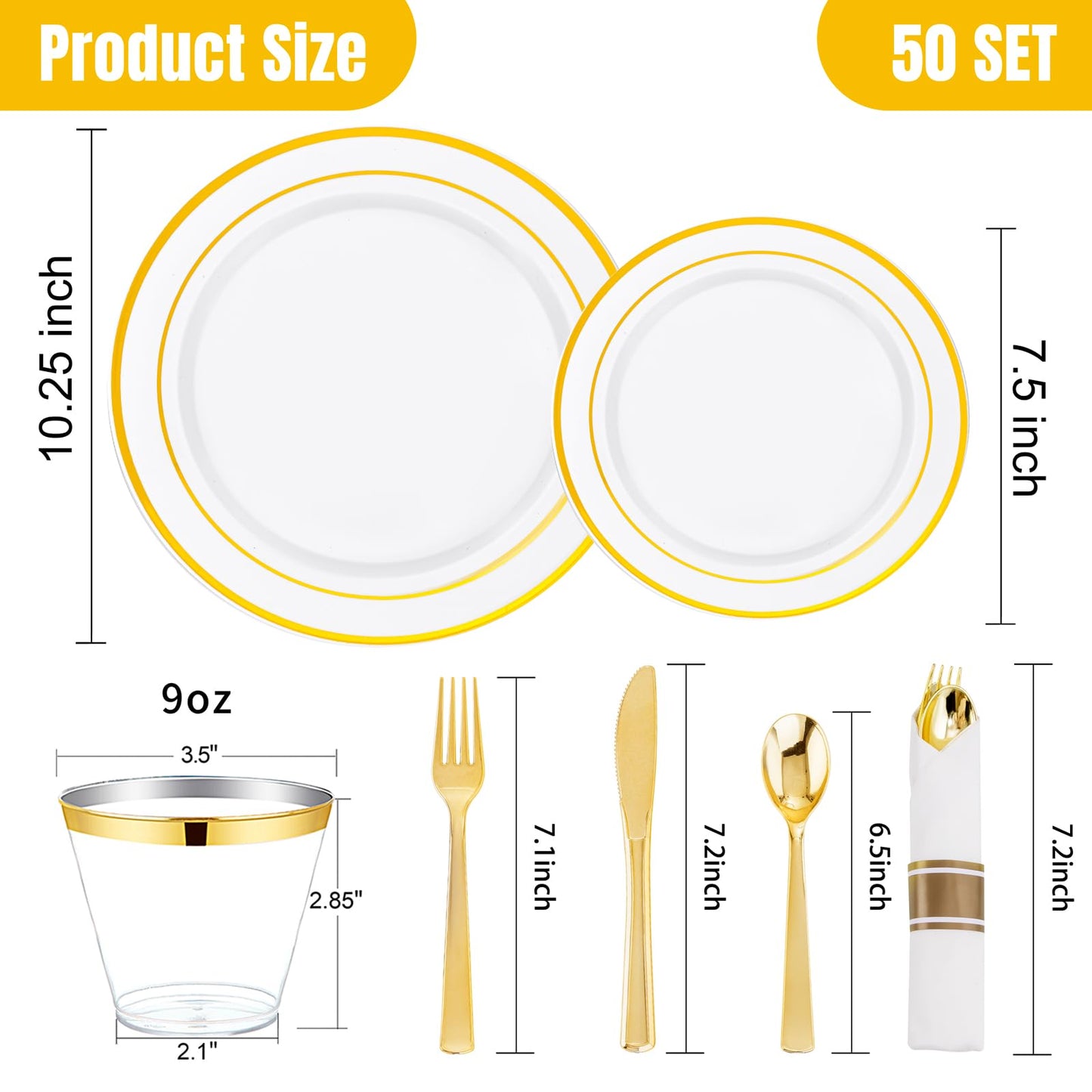 WELLIFE 350Pcs Gold Plastic Plates for 50 Guests - Plastic Dinnerware Set, Includes 100 Party Plates,150 Gold Silverware Disposable,50 Napkins,50 Cups,Disposable Plates for Party and Wedding