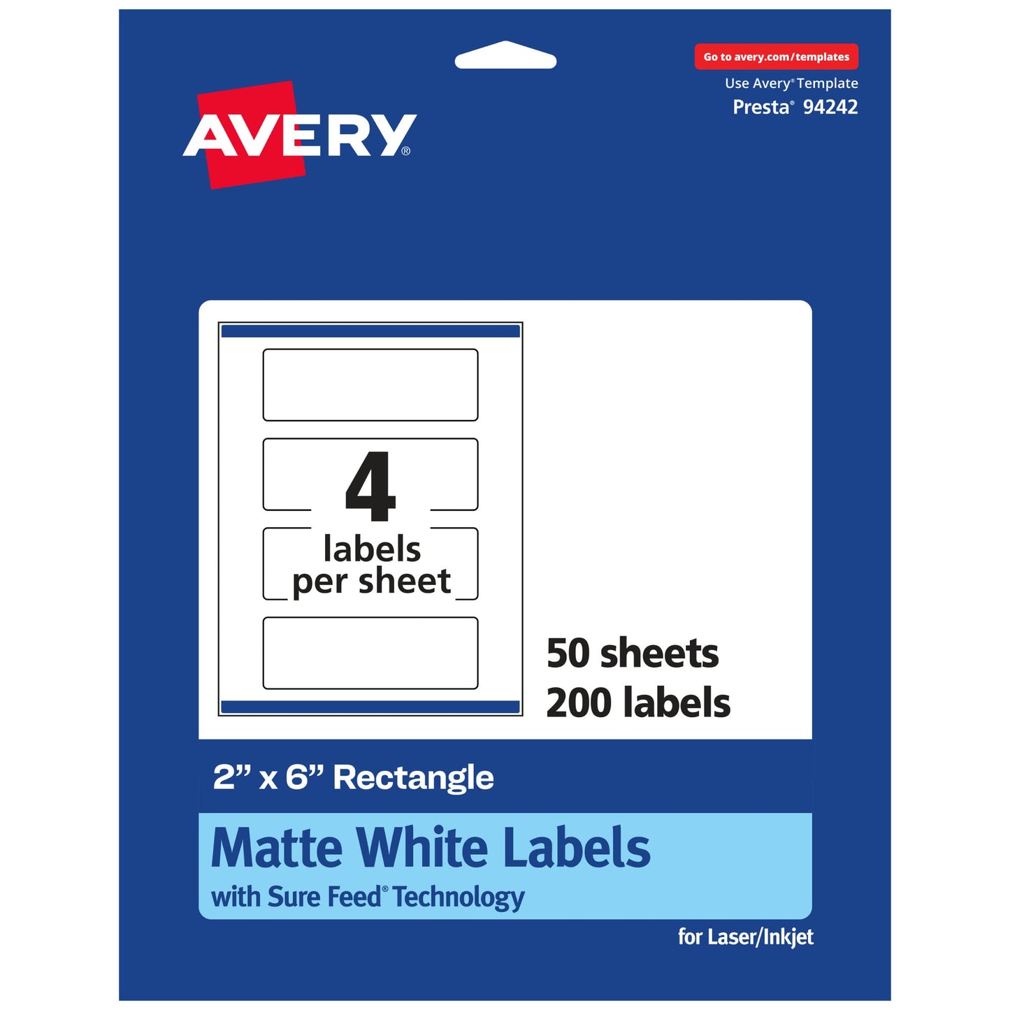Avery Matte White Rectangle Labels, Sure Feed Technology, 2" x 6", 200 Matte White Printable Labels