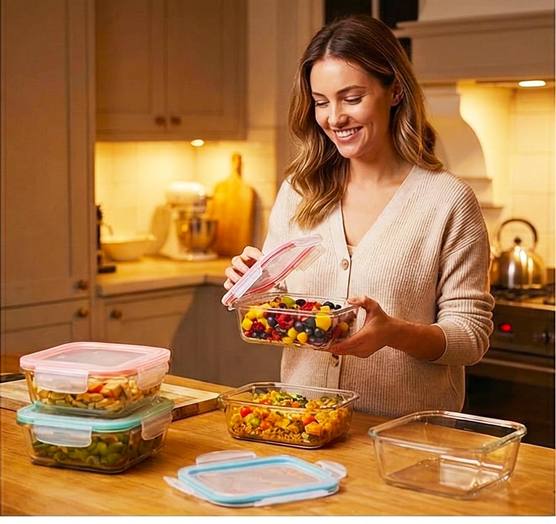 Bo-Toys 20 Pc Glass Food Storage Containers with Snap Lock Lids, Airtight & Leakproof, Bonus 2 Oven Silicone Gloves, Safe for Dishwasher, Oven, Microwave,Freezer, BPA Free