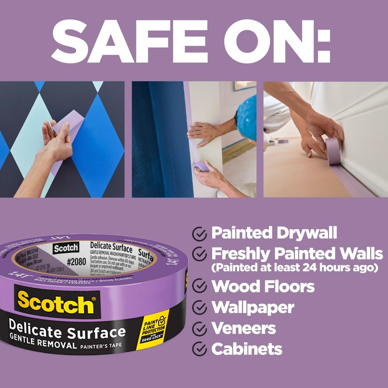 Scotch Delicate Surface Painter's Tape, Purple, Masking Tape Protects Delicate Surfaces and Removes Easily, Multi-Surface Painting Tape for Indoor Use, 1.41 Inches x 60 Yards, 4 Rolls