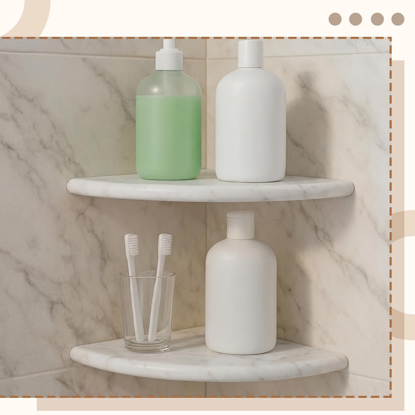 Chunful 2 Pcs White Marble Corner Shower Shelf for Bathroom 9 x 9 Inch Wall Mounted Both Sides Polished Marble Corner Shelves Shower Caddy for Bathroom Wall (Stylish)