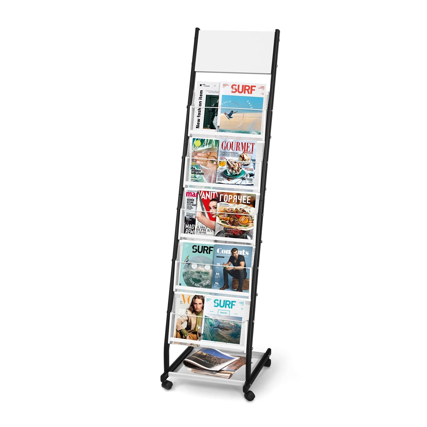 XIDIHF Floor Standing Magazine Holder with 5 Pockets, Journals, Brochure & Literature Display Holder for Trade Shows, Exhibitions, Office, and Shopping Malls, Black