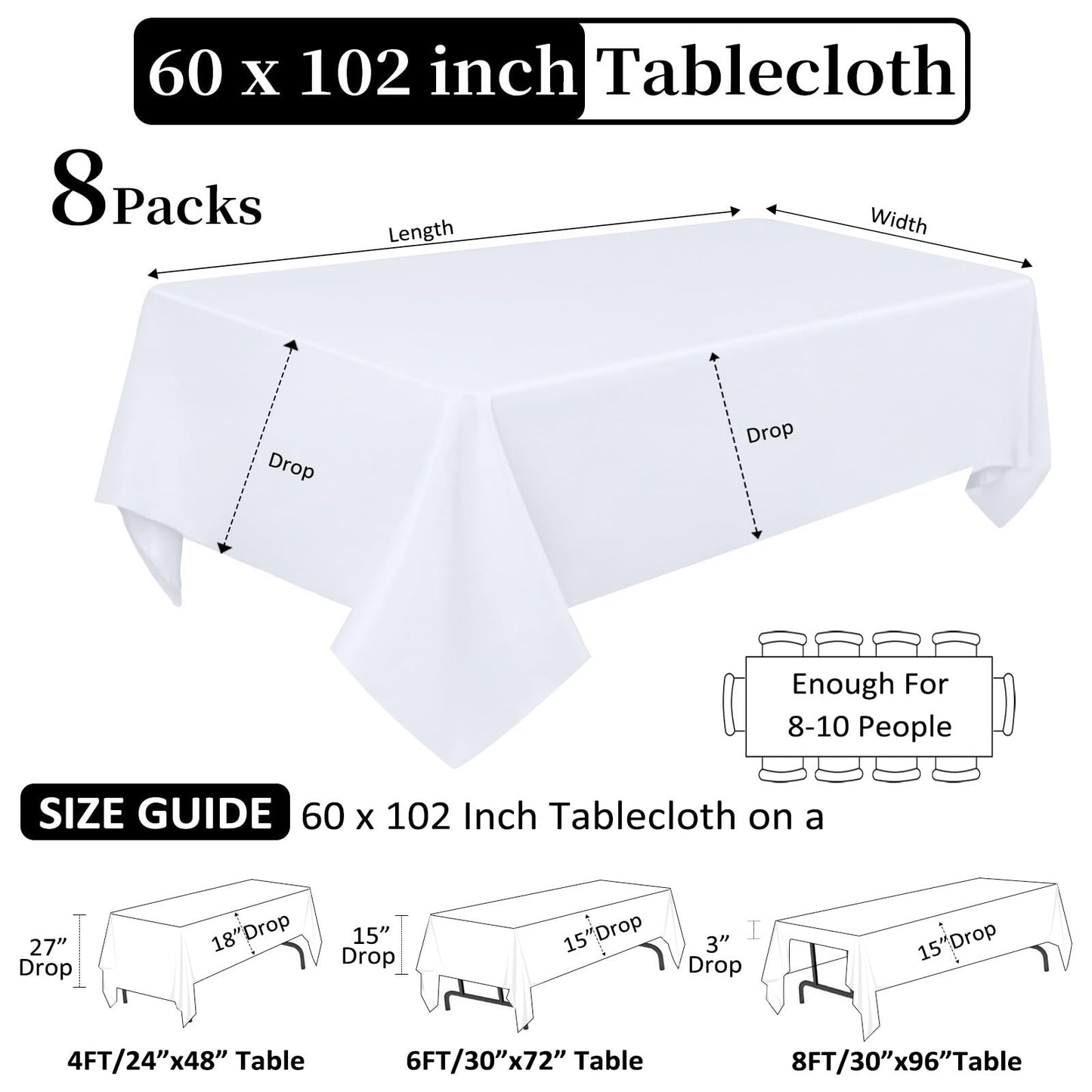 Heneger 8 Pack White Table Cloth 60 x 102 Inch Rectangular Tablecloths for 6 Foot Rectangle Tables, Wrinkle Resistant White Tablecloth Washable Polyester Fabric Table Covers for Party Wedding Banquet