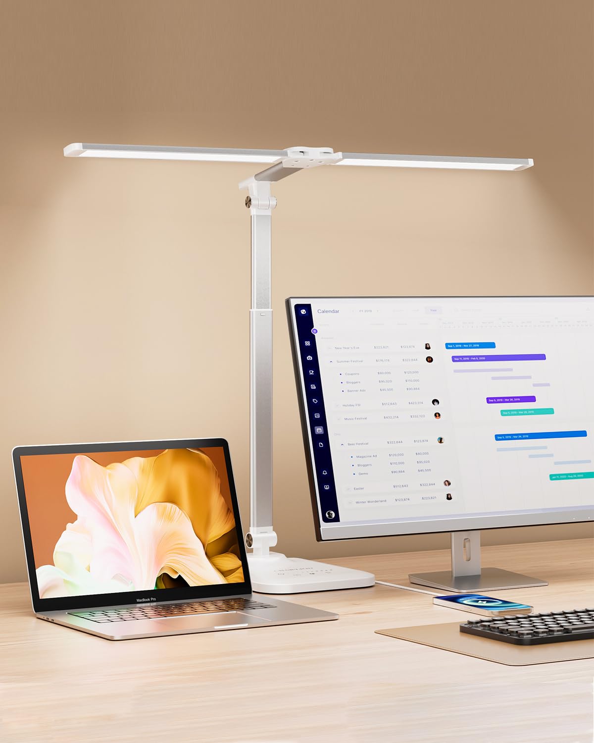 LED Desk Lamp for Office Home, Height Adjustable Architect Desk Light with USB Adapter, Stepless Dimming 50 Lighting Modes, Eye Caring Double Head Computer Desk Lamp for Reading, Study, Workbench
