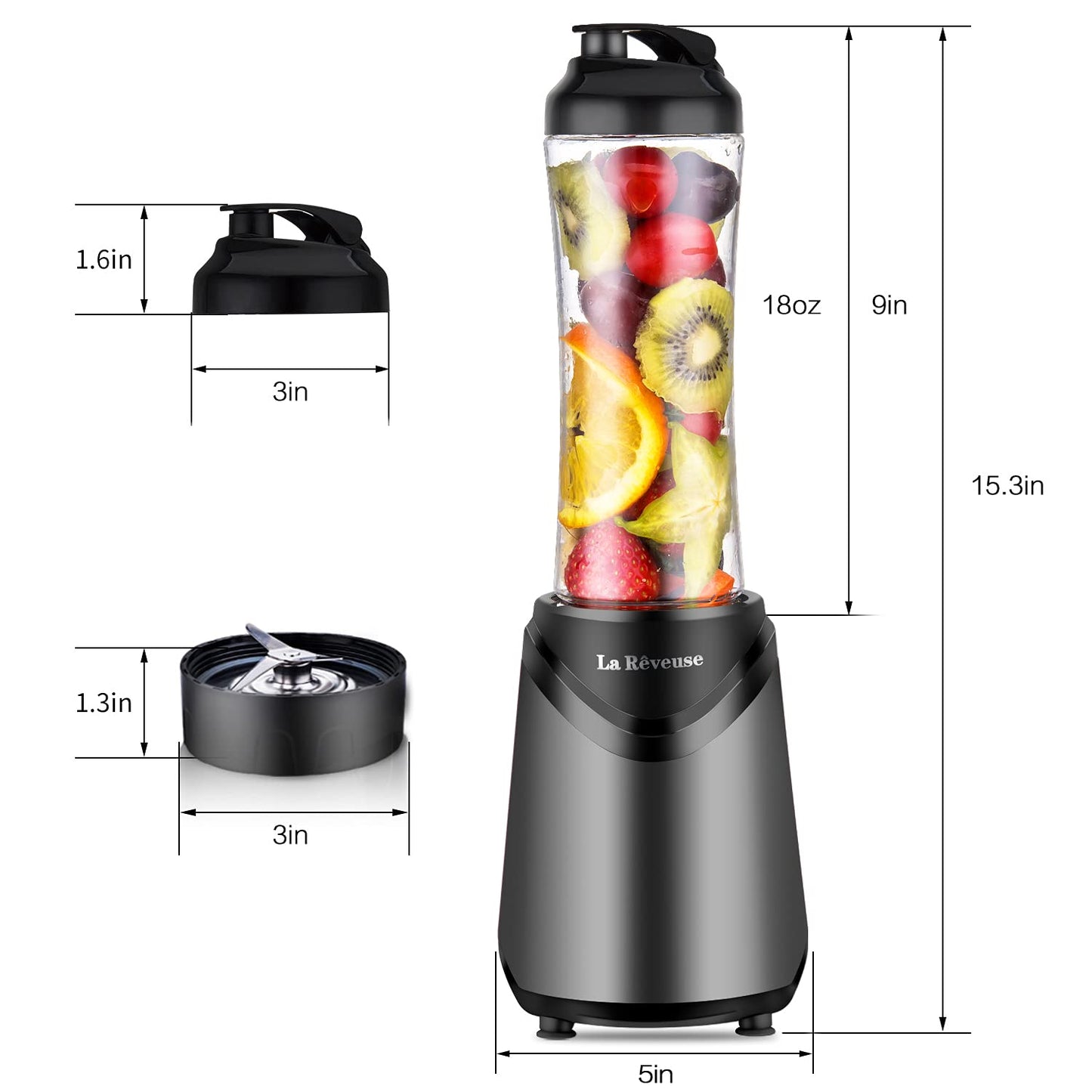 La Reveuse Smoothie Blender Personal Size 300 Watts with 2 Pieces 18 oz BPA-Free Travel Sports Bottles,Grey