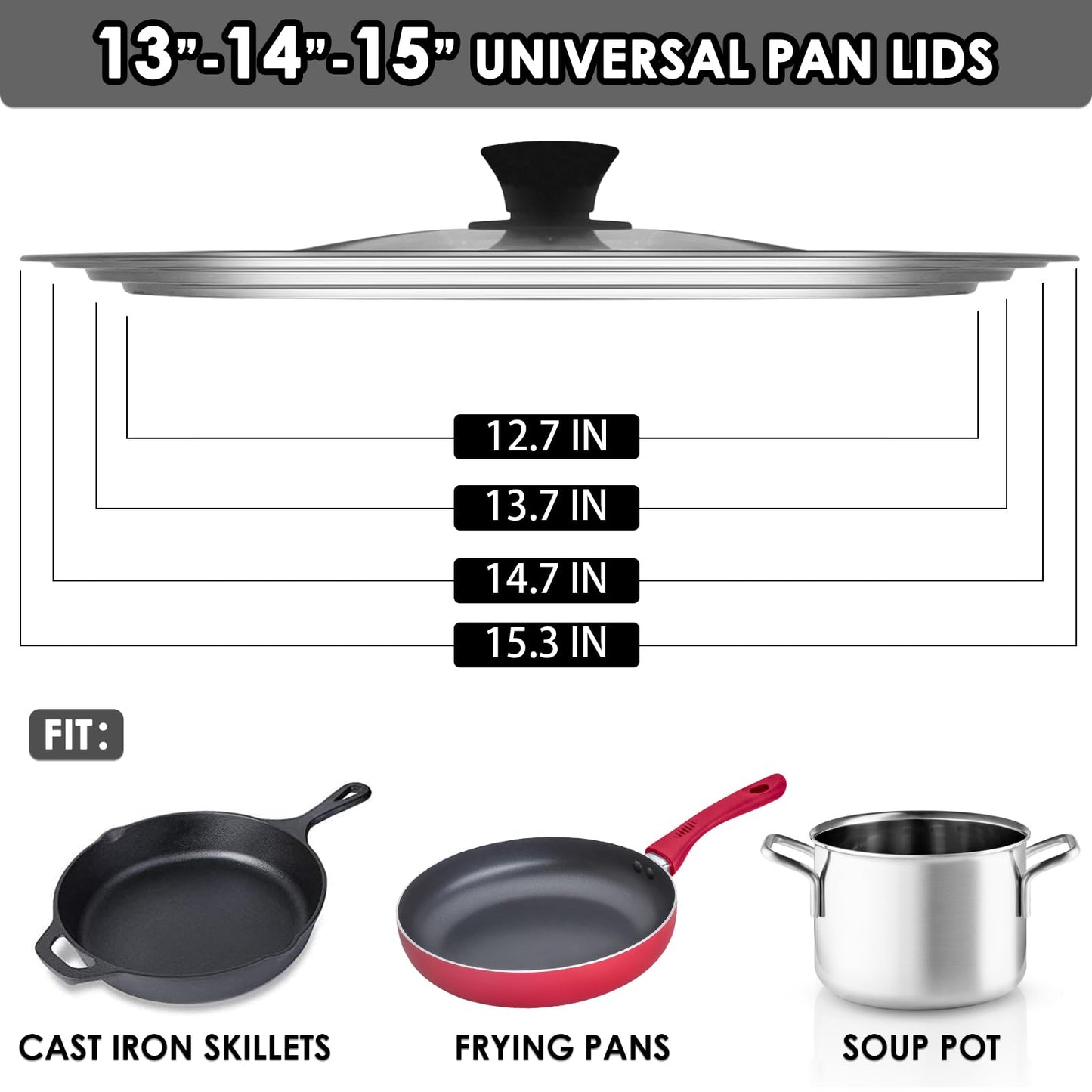GDDGCUO 13-14-15 in Universal Pan Lid, Extra Large Stainless Steel Pot Lid for Pots, Pans, Skillets, Replacement Frying Pan Lid with Heat Resistant Silicone Knob, Dishwasher Safe