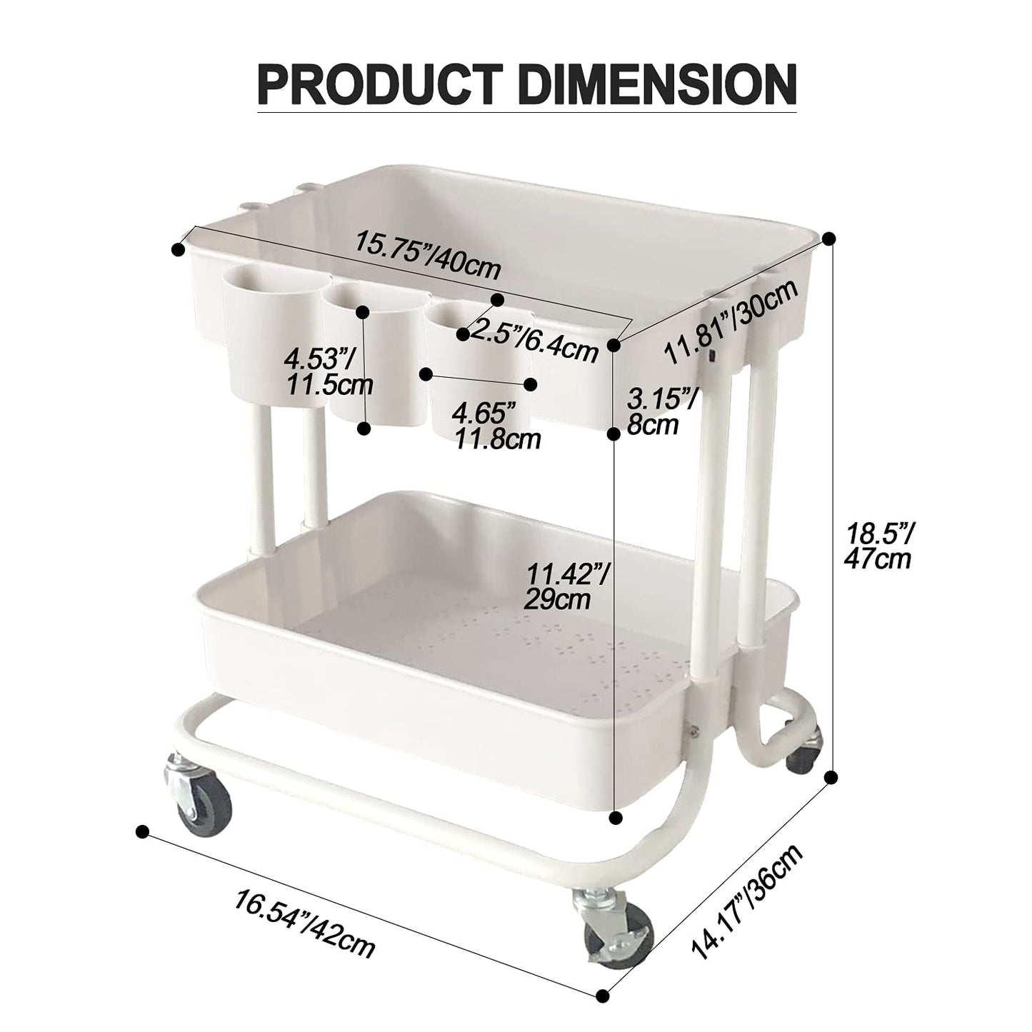 2-Tier Utility Rolling Cart Storage Sofa Side Table with Wheels, Mobile Trolley Organizer with for Office Home Kitchen Organization, Cream White