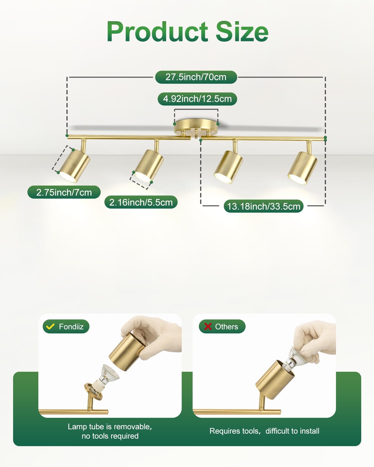 Fondiiz 4 Ways Track Lighting, Rotatable Heads Tracks Light, Track Lightings Fixtures Ceiling with Foldable Arms, Brushed Gold Tracks Light for Kitchen, Living Room, Hallway(Bulbs Not Included)