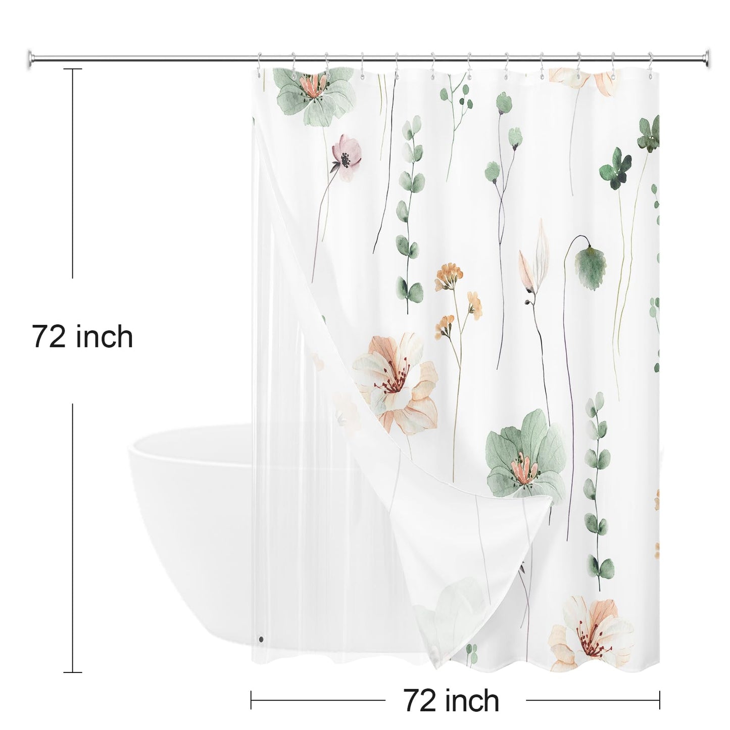 Gibelle 3 in 1 Shower Curtain Set, Sage Green Watercolor Floral Bath Curtain and PEVA Liner Set with 12 Double Sided Steel Hooks, Waterproof Fabric Bathroom Curtain 72x72
