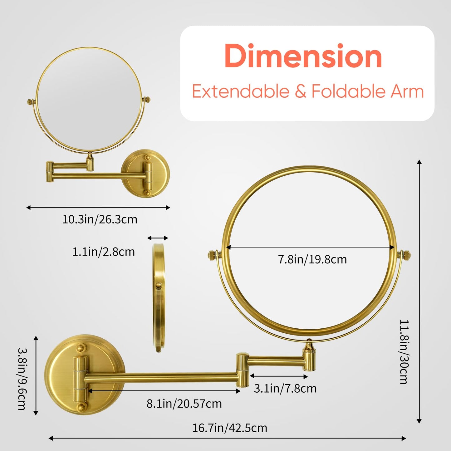 GURUN 8" Wall Mounted Makeup Mirror with 10X Magnification,Two-Sided Swivel Bathroom Mirror,Brushed Gold Finish M1306GJ(8",10X) for Women Mom