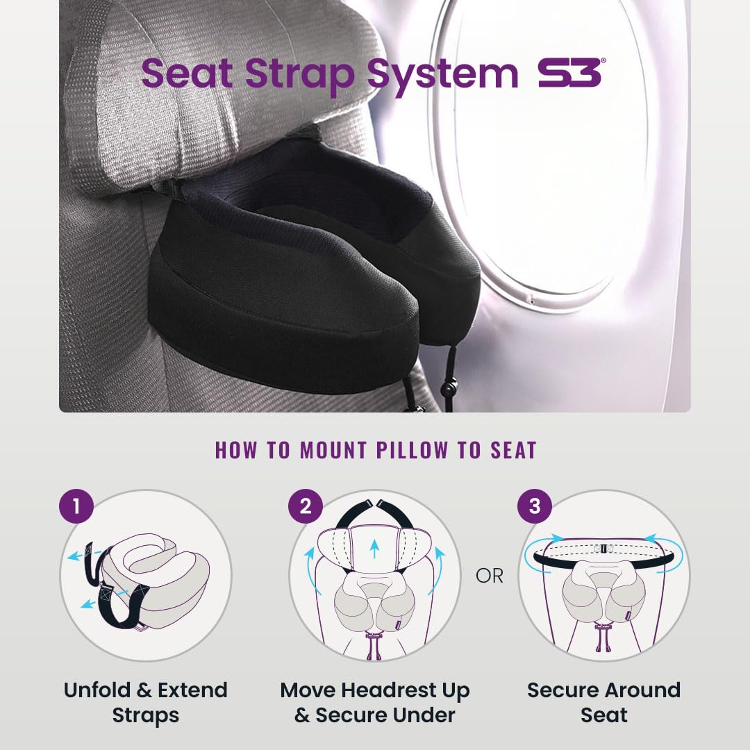 Cabeau Evolution S3 Airplane Travel Pillow for Long Flights - Supportive Memory Foam Body Positioner with Seat Straps to Secure Your Head and Neck and Provides 360 Support (Jet Black)