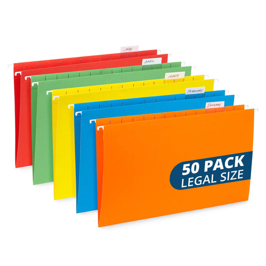 50 Legal Hanging File Folders, 50 Reinforced Hang Folders, Designed for Home and Office Color Coded File Organization, Legal Size, Assorted Colors, 50 Pack