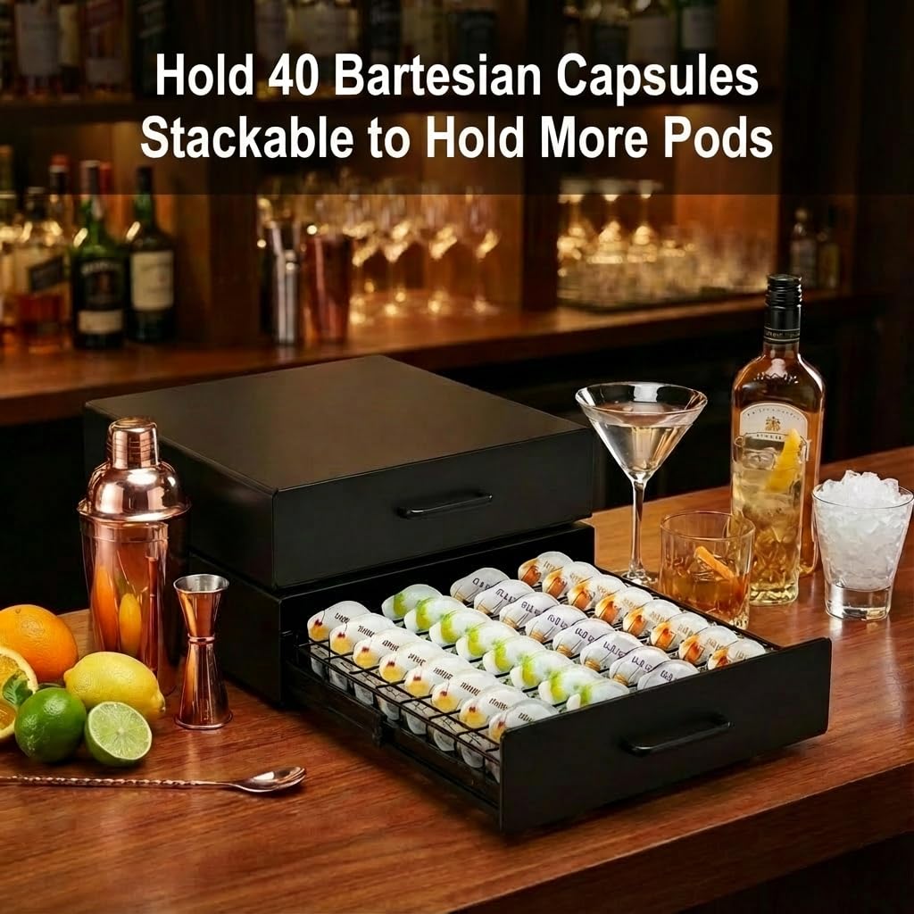 ZECENN Storage Drawer for Bartesian Pods, Cocktail Pod Holder for Bartesian Capsules Compatible with Bartesian Cocktail Machine, Hold 40 Pods, Countertop Organizer Bar Accessories- Black
