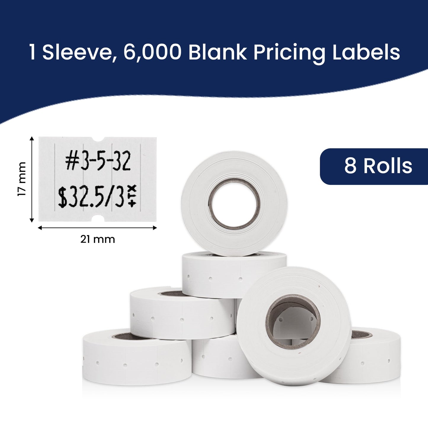 Perco 2 Line White Labels - 8 Rolls, 1 Sleeve, 6,000 Blank Price and Date Gun Labels for Perco 2 Line Price and Date Guns - Made in USA