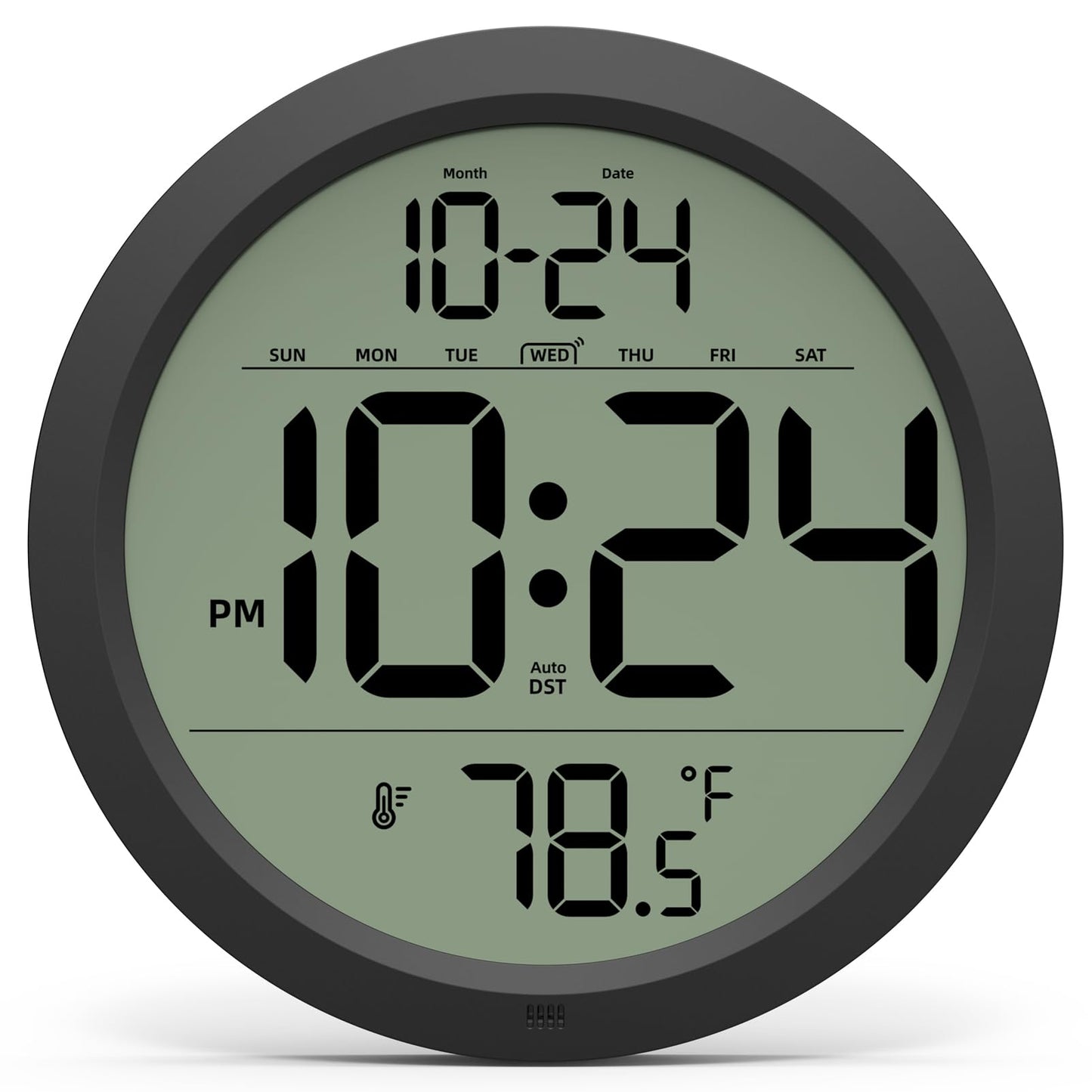 Digital Wall Clock Battery-Operated, 8 Inch Small Decorative Modern Wall Clock with Date, Temperature, Auto-DST, Silent Electric Wall Clock for Bedroom, Living Room, Kitchen, Office, Farmhouse -Black