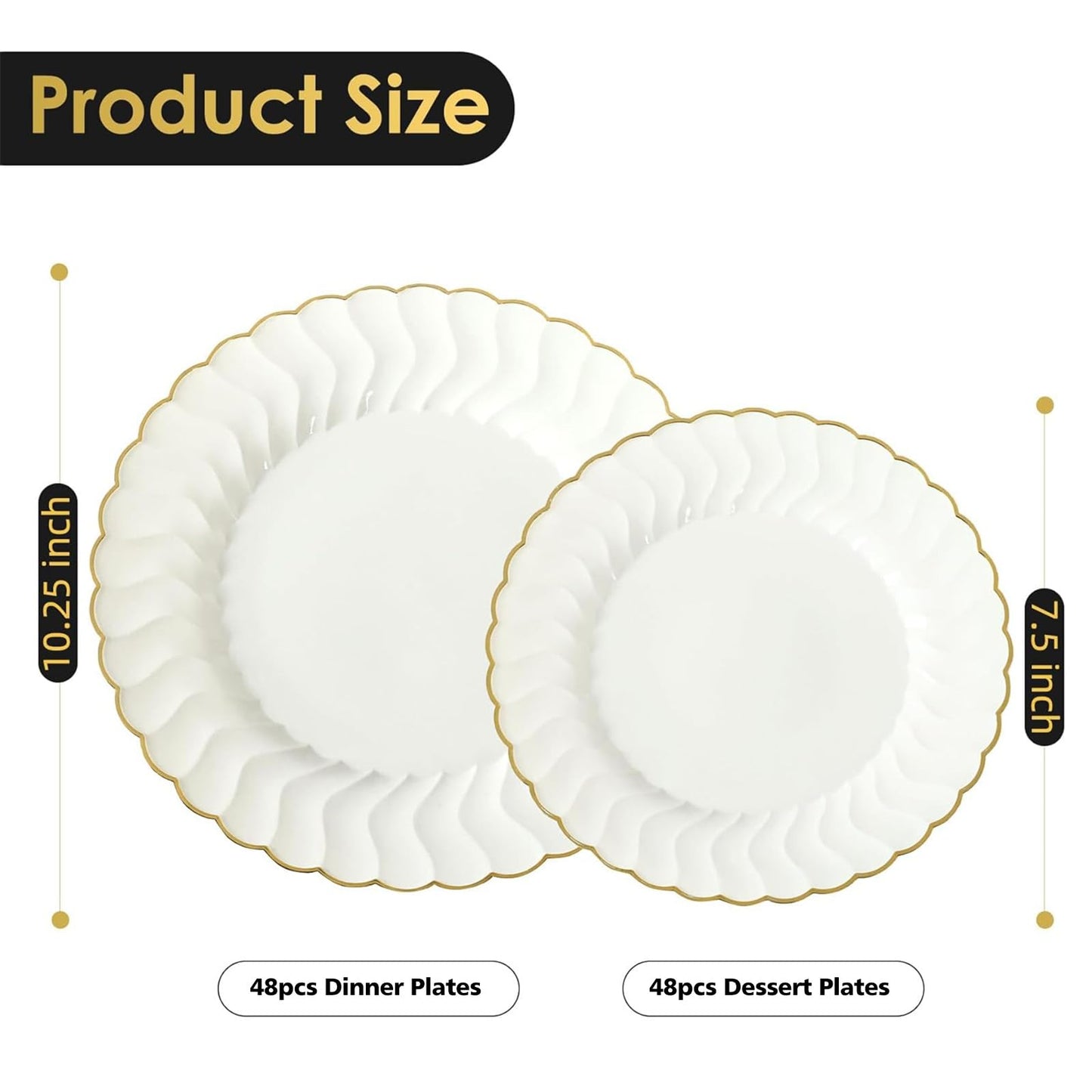 Lullaby 96PCS Ivory Scalloped Plastic Plates with Gold Rim, Disposable Elegant Plates Include 48pcs Dinner Plate 10.25", 48pcs Dessert Plate 7.5", Perfect for Daily Use, Wedding and Party