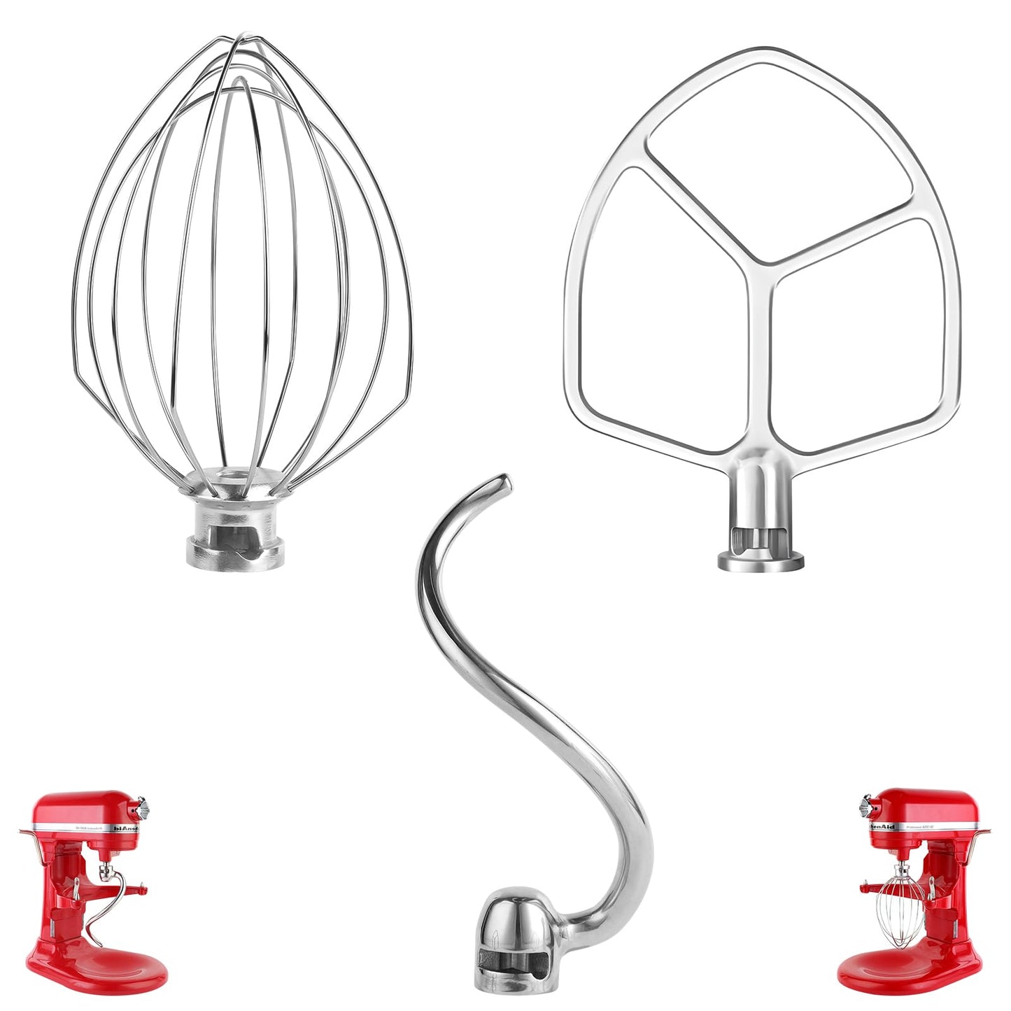 Stainless Steel 3 Piece kit Attachments，Dough Hook 6 Wire Whisk Flat Beater Compatible with KitchenAid 5 Plus -6QT Mixer，Bowl Lift Stand Mixer Accessory，Rust Resistant，Dishwasher Safe