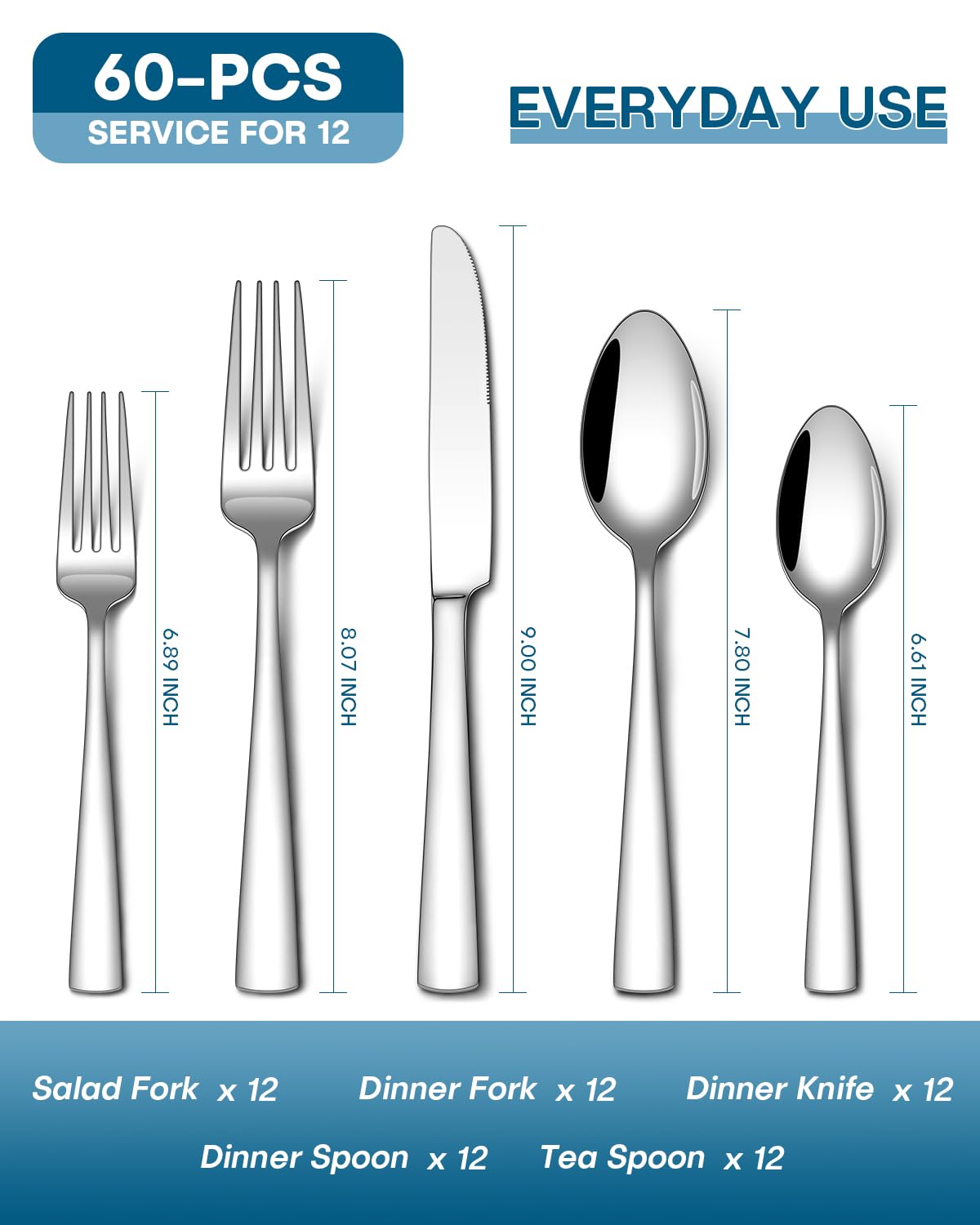 Stapava 60 Piece Silverware Set, Food-Grade Stainless Steel Flatware Sets for 12 Mirror Polished Cutlery Utensil Sets Include Dinner Knives Spoons and Forks Set Dishwasher Safe for Home Restaurant
