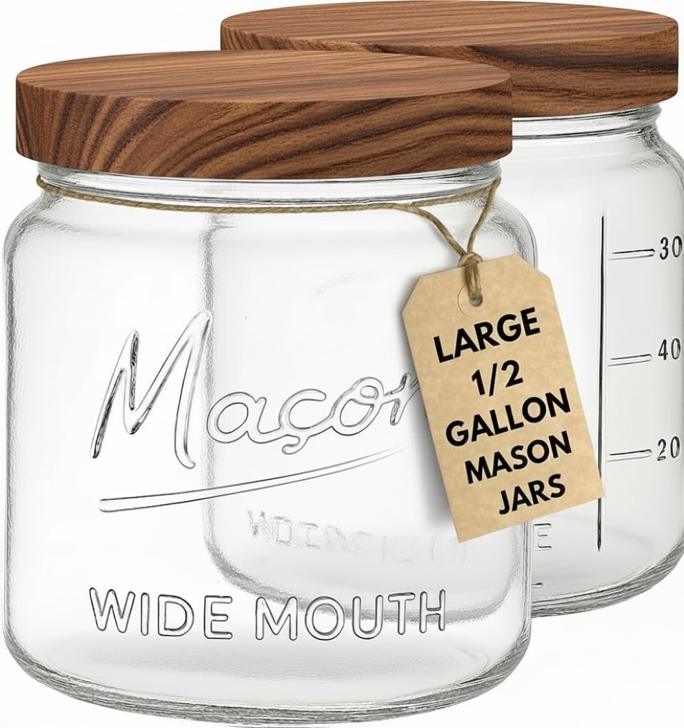 kitchentoolz Large Mason Jars with Lids – 64 oz Mason Jars Wide Mouth, 1/2 Gallon Glass Jar with Lid for Pantry Storage, Canning, Flour, Dry Goods – 2 Pack