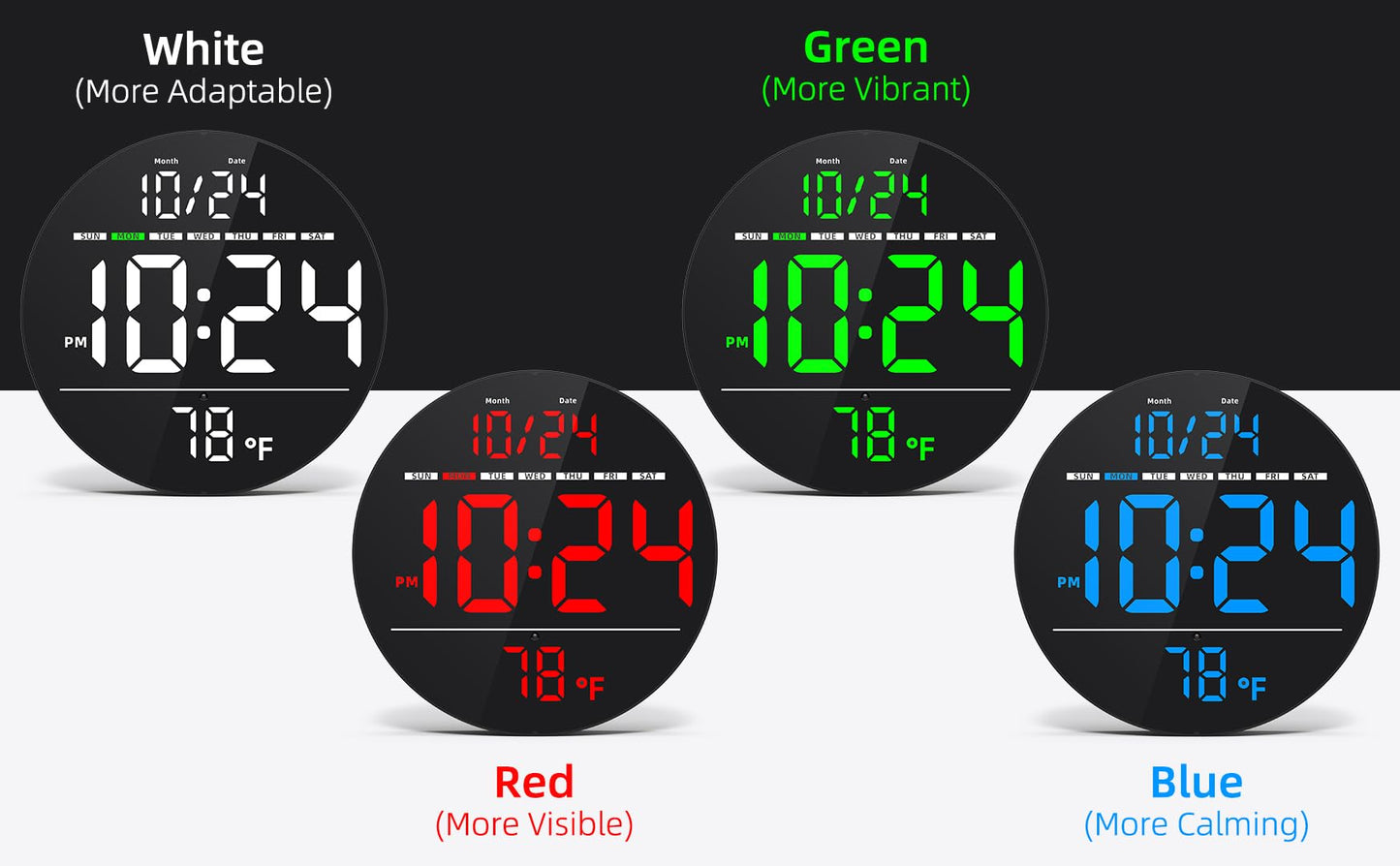 Digital Wall Clock with Large LED Display, Date, Temperature, Auto-Brightness | Small [PLUG-IN] Clock | Modern Electric Wall Clock for Bedroom, Classroom, Living Room, Home, Office, Farmhouse - Blue