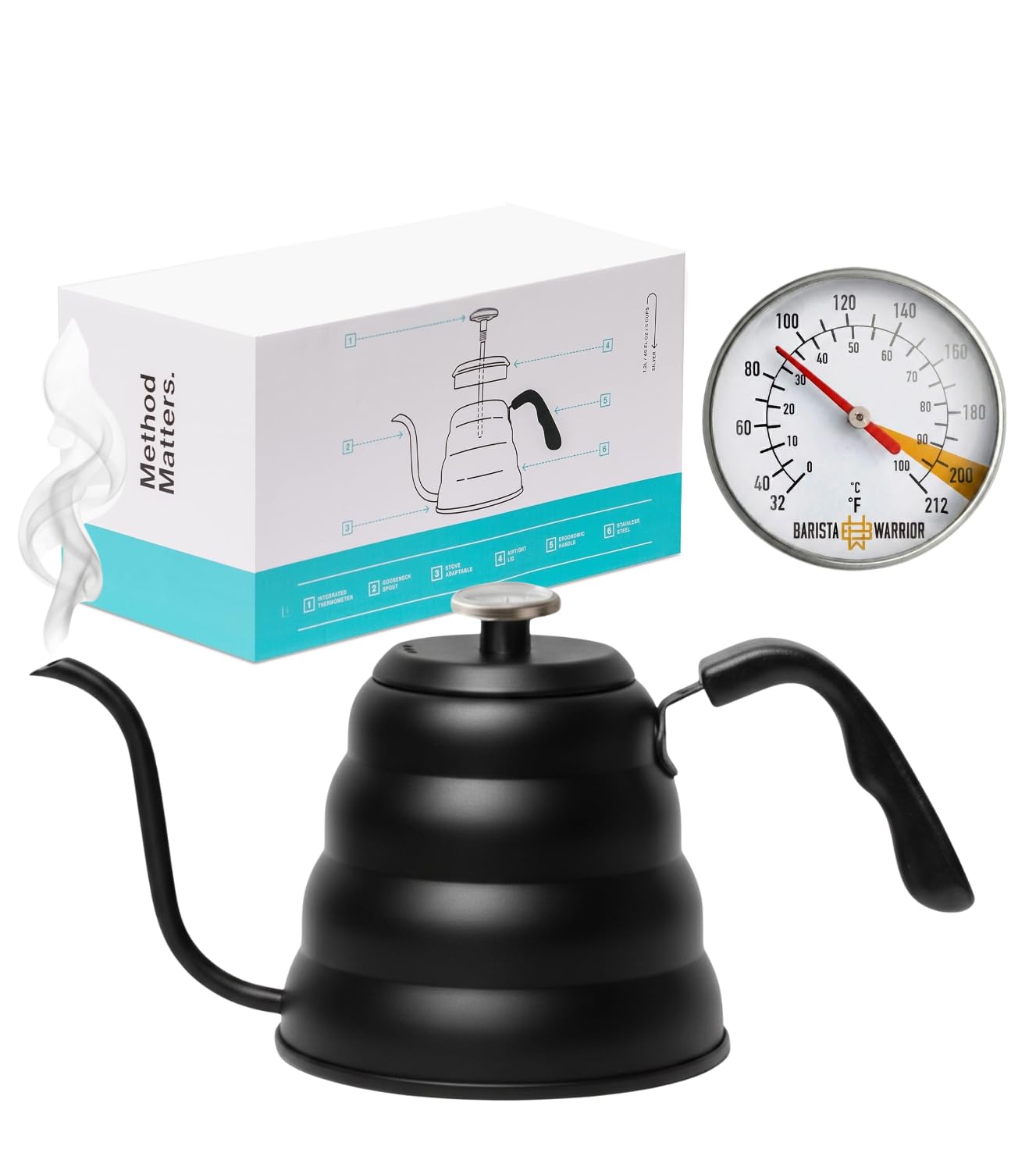 Barista Warrior Gooseneck Kettle with Thermometer - 1.2L Pour Over Coffee & Tea Kettle, 18/8 Matte Black Gooseneck Kettle Pot, Precision Pour Drip Spout, Suitable for All-Stoves (40 fl oz)