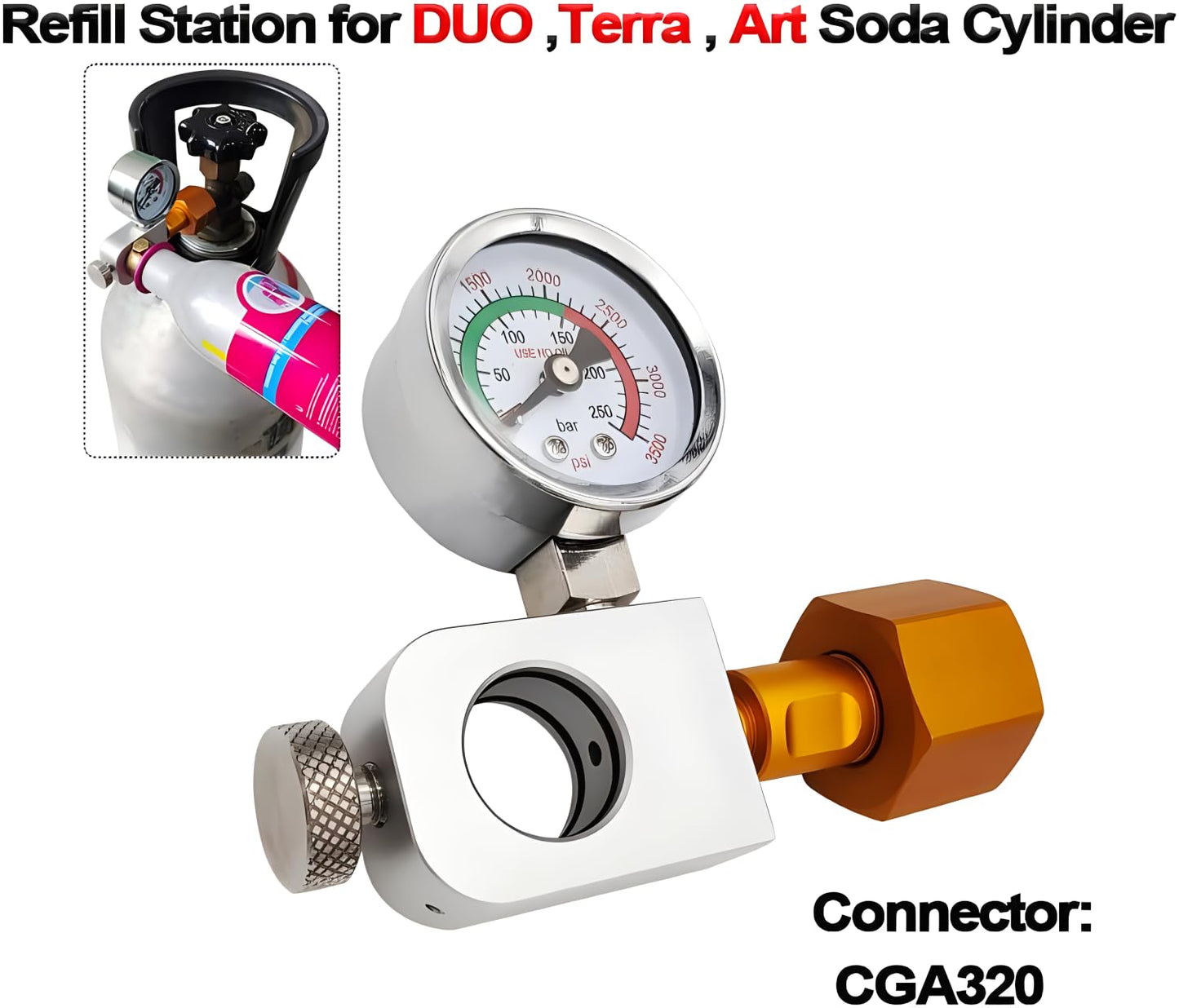 Soda Co2 Refill Adapter with Big Pressure Gauge for Pink Co2 Cylinder,Soda Co2 Exchange Carbonator Fill Station Compatible with DUO Terra Art Soda Co2 Tank