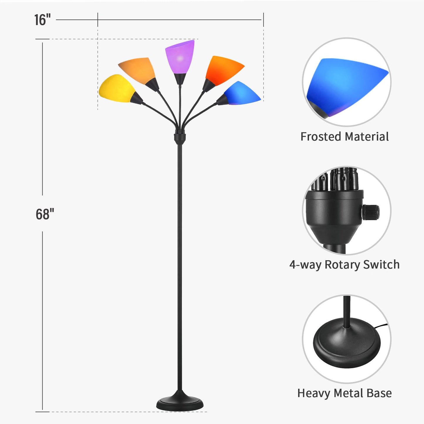 lianheng Medusa Floor Lamp, Multi Head 5 Light Floor Lamp for Bedroom with 10 Lampshade, Adjustable Neck Reading Standing Lamp for Living Room,Office,Kids,Classroom (Black)