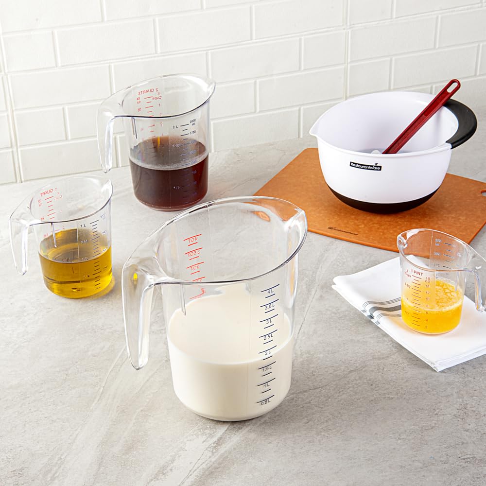 Restaurantware RW Base 4 Quart Measuring Jar 1 Durable Measuring Beaker - Metric And Imperial Units V-Shaped Spout Clear Plastic Measuring Cup Handle With Thumb-Grip Tolerates Up To 248F