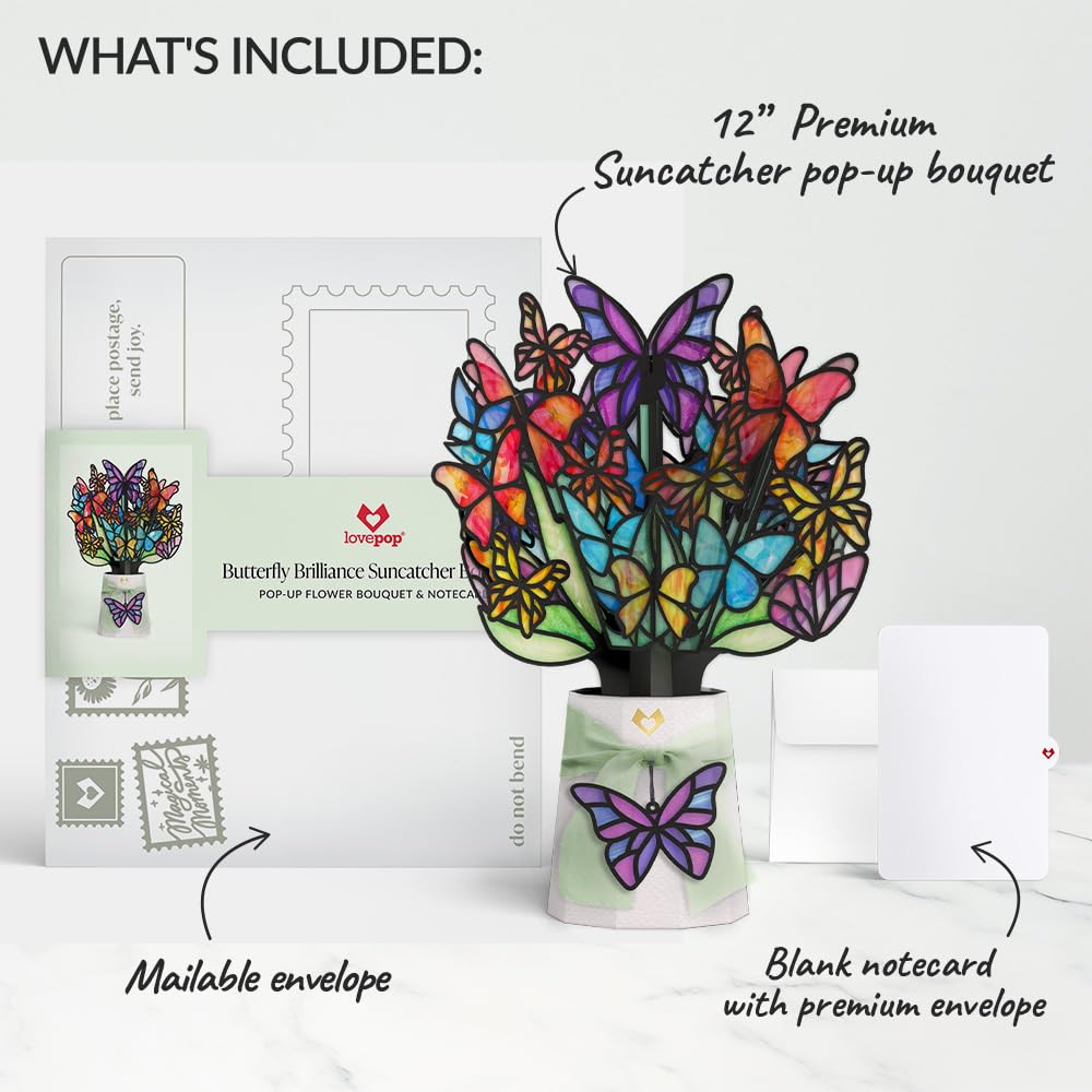 Lovepop Butterfly Brilliance Suncatcher Bouquet - 3D Pop Up Paper Flower Bouquet for Mom, Her, Him, Women (Mother's Day, Birthday, Thank You, Get Well) 12 Inch