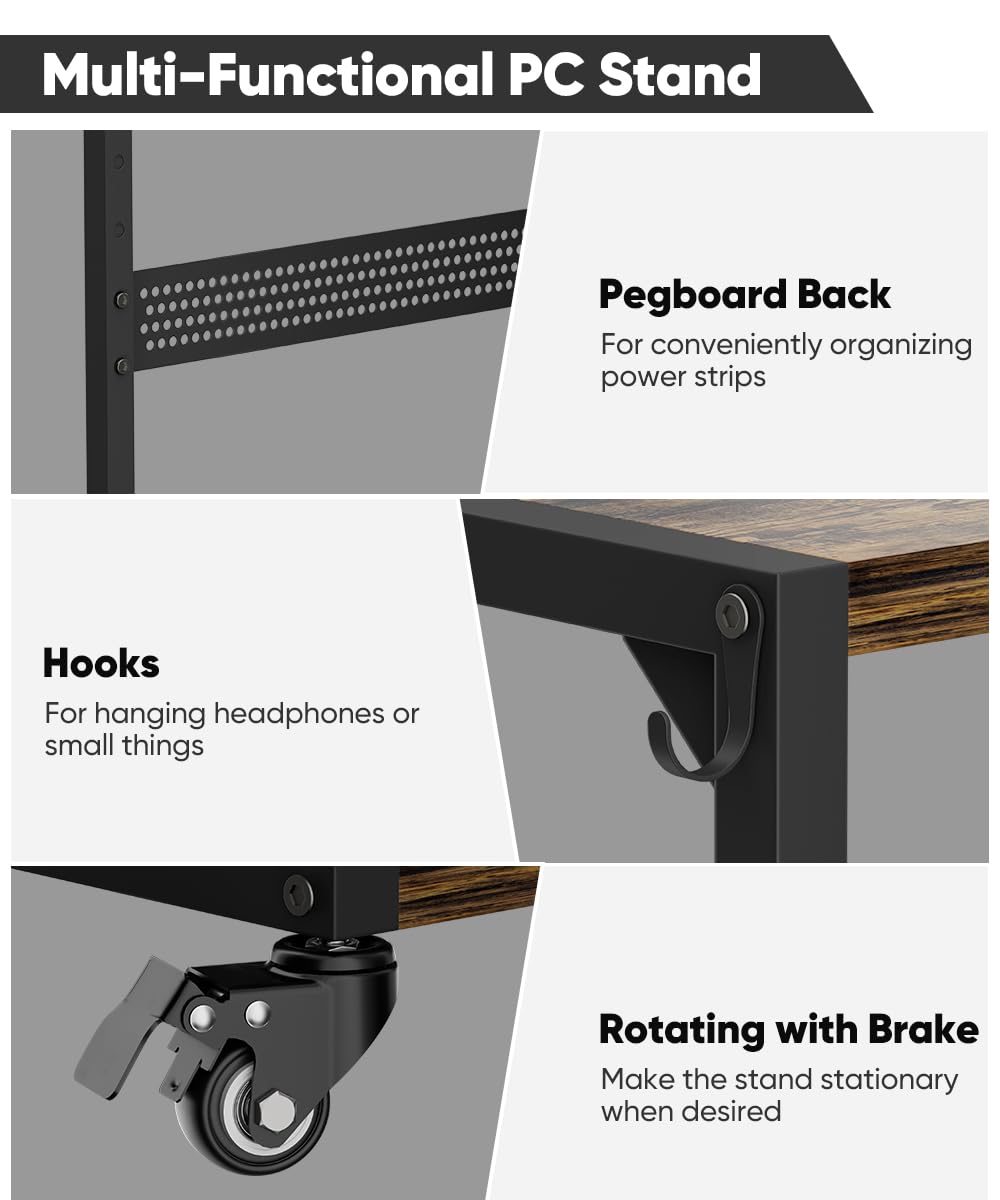 Ansionsol Computer Tower Stand, 2-Tier Metal CPU Holder Stand with Lockable Wheels, Adjustable Under Desk PC Shelf, Mobile Rolling Computer Cart for Home, Office, Gamers and Students, Black