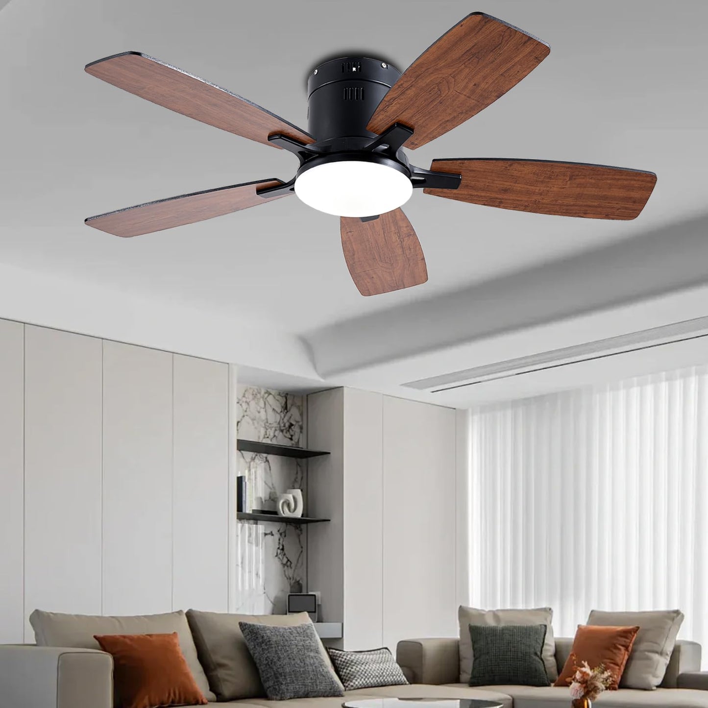Ayaoty Ceiling Fans with Lights, 42 inch Low Profile Ceiling Fan with Light and Remote Control, Flush Mount, LED Dimmable DC Reversible Modern Ceiling Fan for Bedroom
