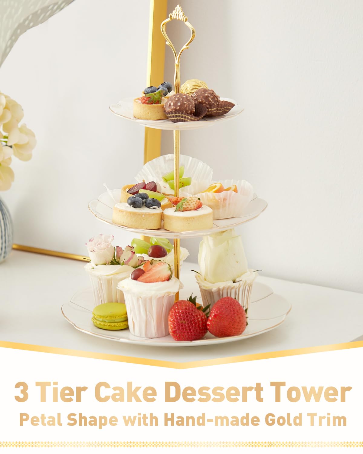 DUJUST Luxury Porcelain 3-Tier Cupcake Stand Tower, British Style Serving Tray with Golden Trim, Food Grade Dessert Display Stand, Beautiful Gift for Tea Party & Home Décor